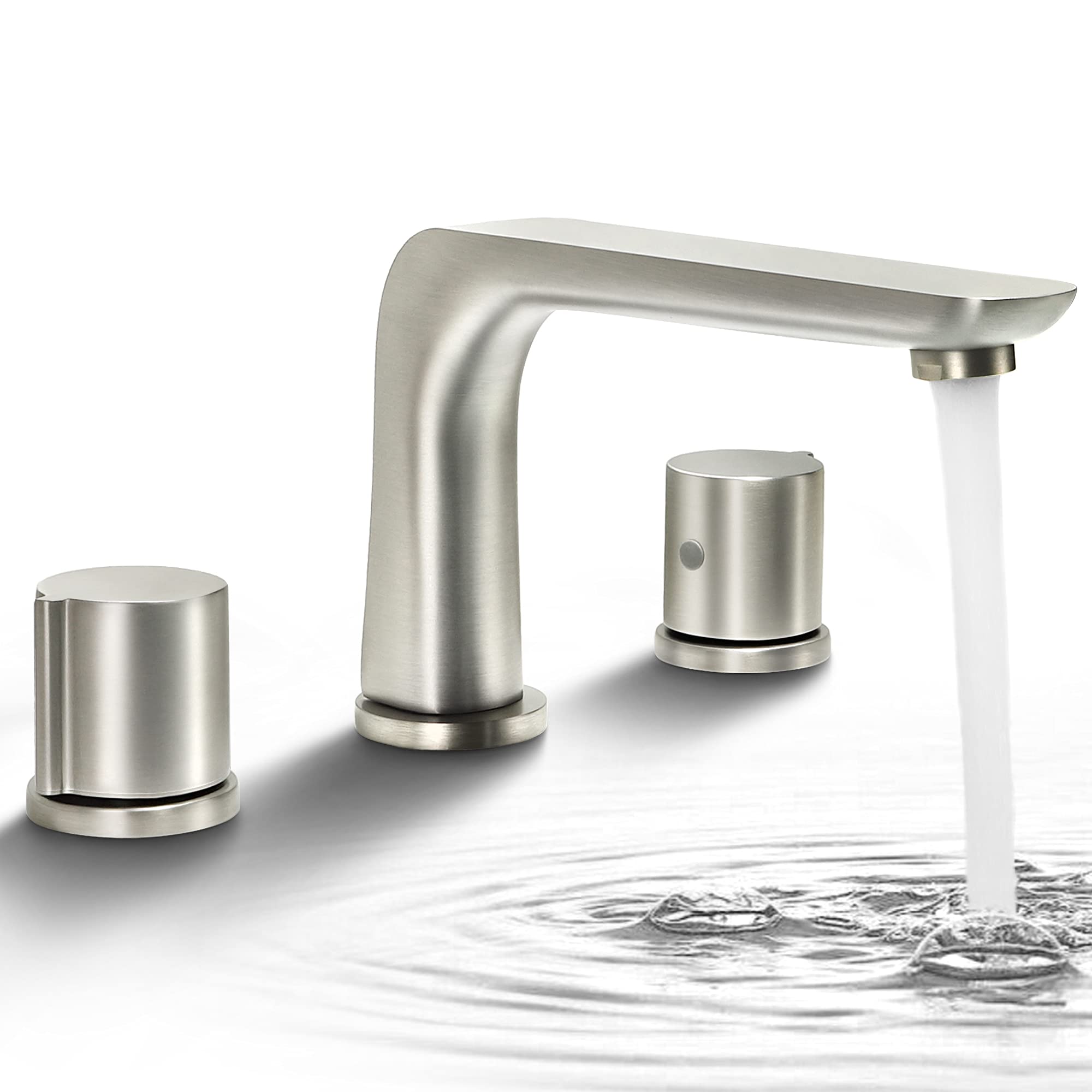 SKOWLL Brushed Nickel 3-Hole Widespread Bathroom Faucet - 2-Handle Deck Mount Vanity Sink Faucet with 360° Swivel Spout for Bathroom & Powder Room Sink Installation
