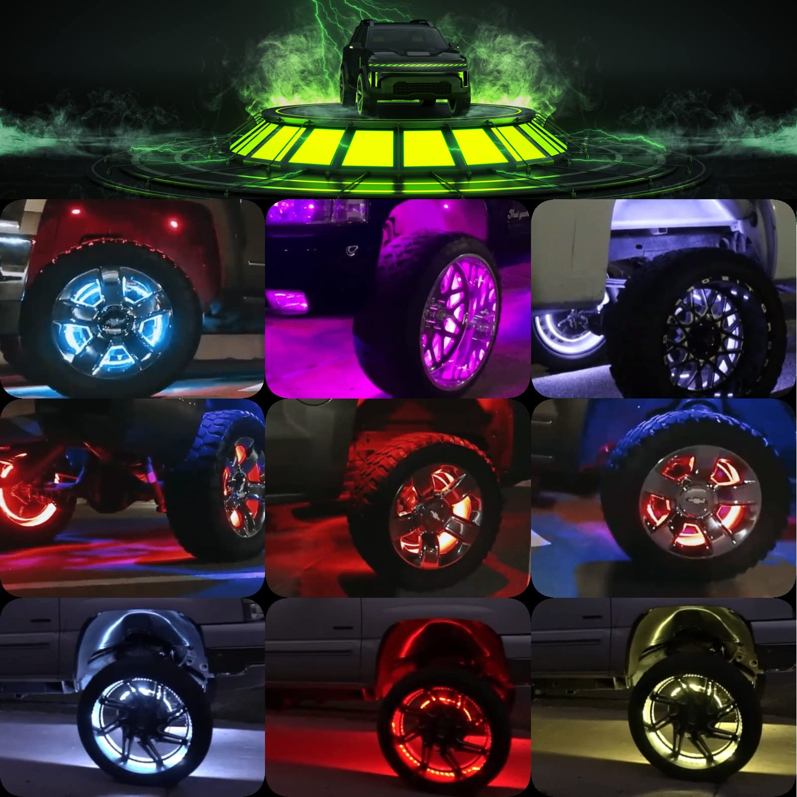 4pcs 15.5 Inch Double Row LED Wheel Lights for Truck Car ATV UTV - RGB Color Changing Rim Rings with Remote & App Control, Turn Signal & Brake Function, Perfect for Off-Road, Night Driving & Car Shows
