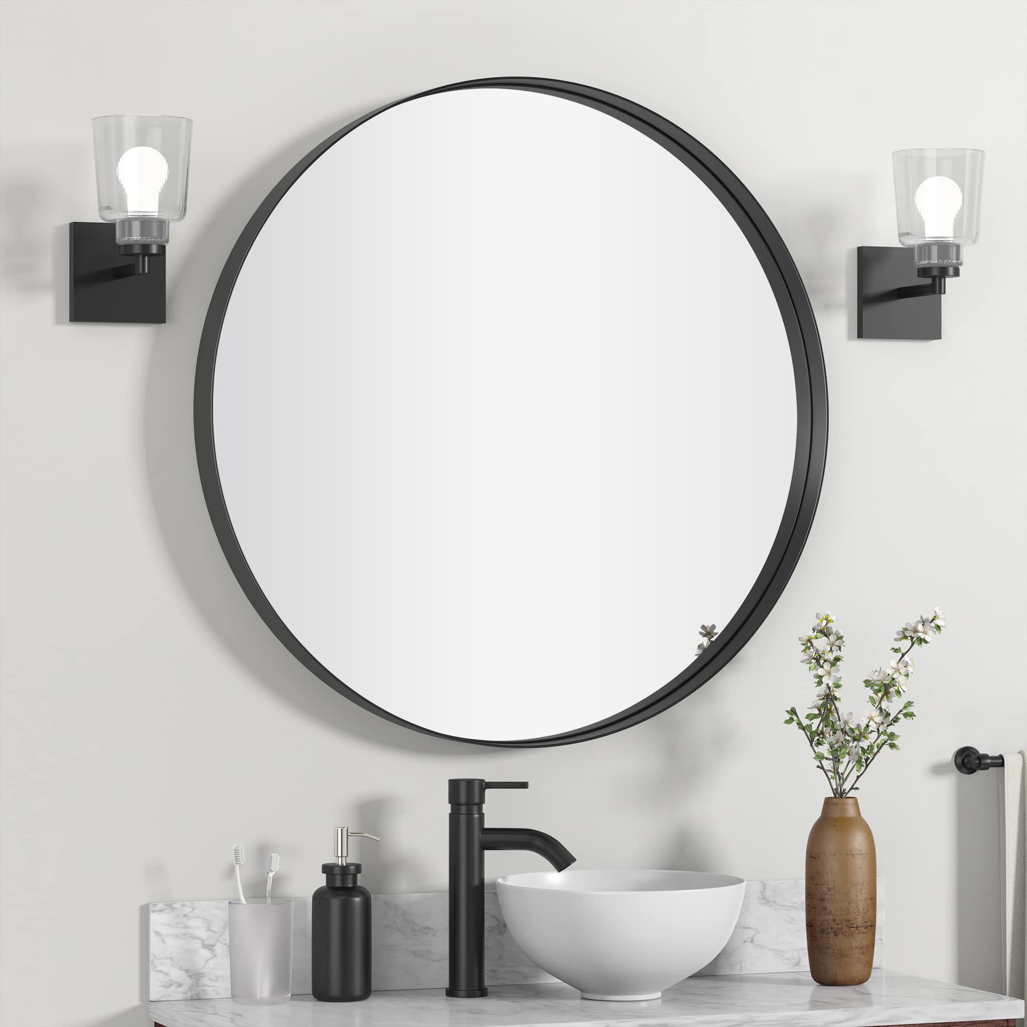 32 Inch Black Round Bathroom Mirror - Matte Metal Frame Modern Circle Wall Mirror for Entryway, Farmhouse Vanity & Home Decor (Perfect for Bathroom, Bedroom, Living Room & Dressing Area)