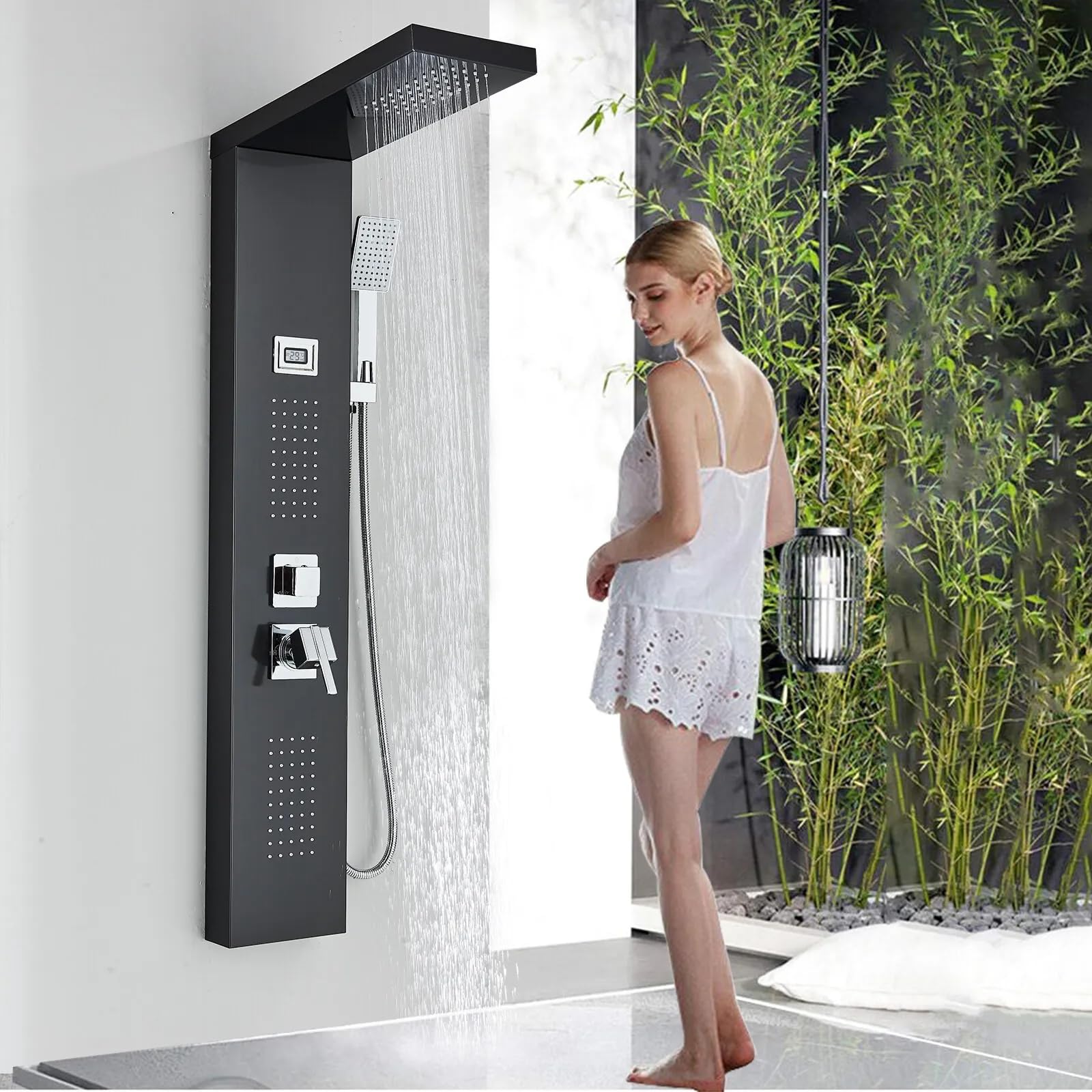 Premium 304 Stainless Steel 6-in-1 Shower Panel System with LED Rainfall, Waterfall, Hand Shower & Body Massage Jets - Black Glossy Finish for Luxurious Bathroom Spa Experience - Perfect for Modern Home Renovation and Relaxing Shower Sessions