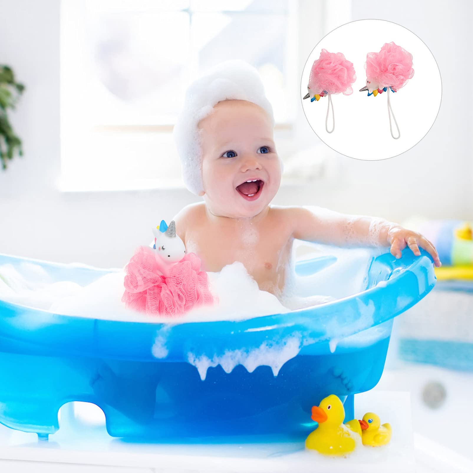 SOLUSTRE 2-Pack Cartoon Unicorn Bath Sponges - Soft Exfoliating Shower Loofah Balls for Gentle Skin Cleansing | Pink Bath & Body Scrubber for Women, Kids | Perfect for Daily Shower, Spa & Gift Giving