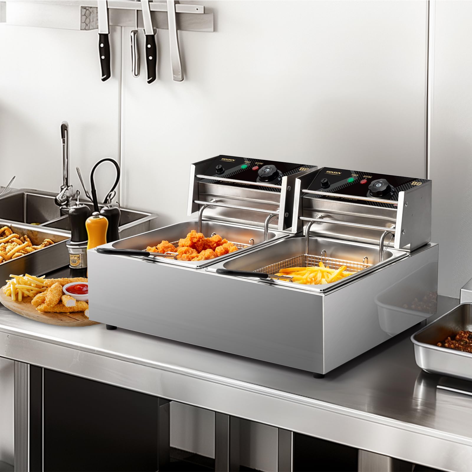 ROVSUN 22.8QT/21.6L Commercial Stainless Steel Electric Deep Fryer - Dual Tank Countertop Fryer with Baskets & Lids - Adjustable Temperature 3400W - Perfect for French Fries, Donuts, Chicken Wings & More - Ideal for Restaurants, Food Trucks & Home Kitchens