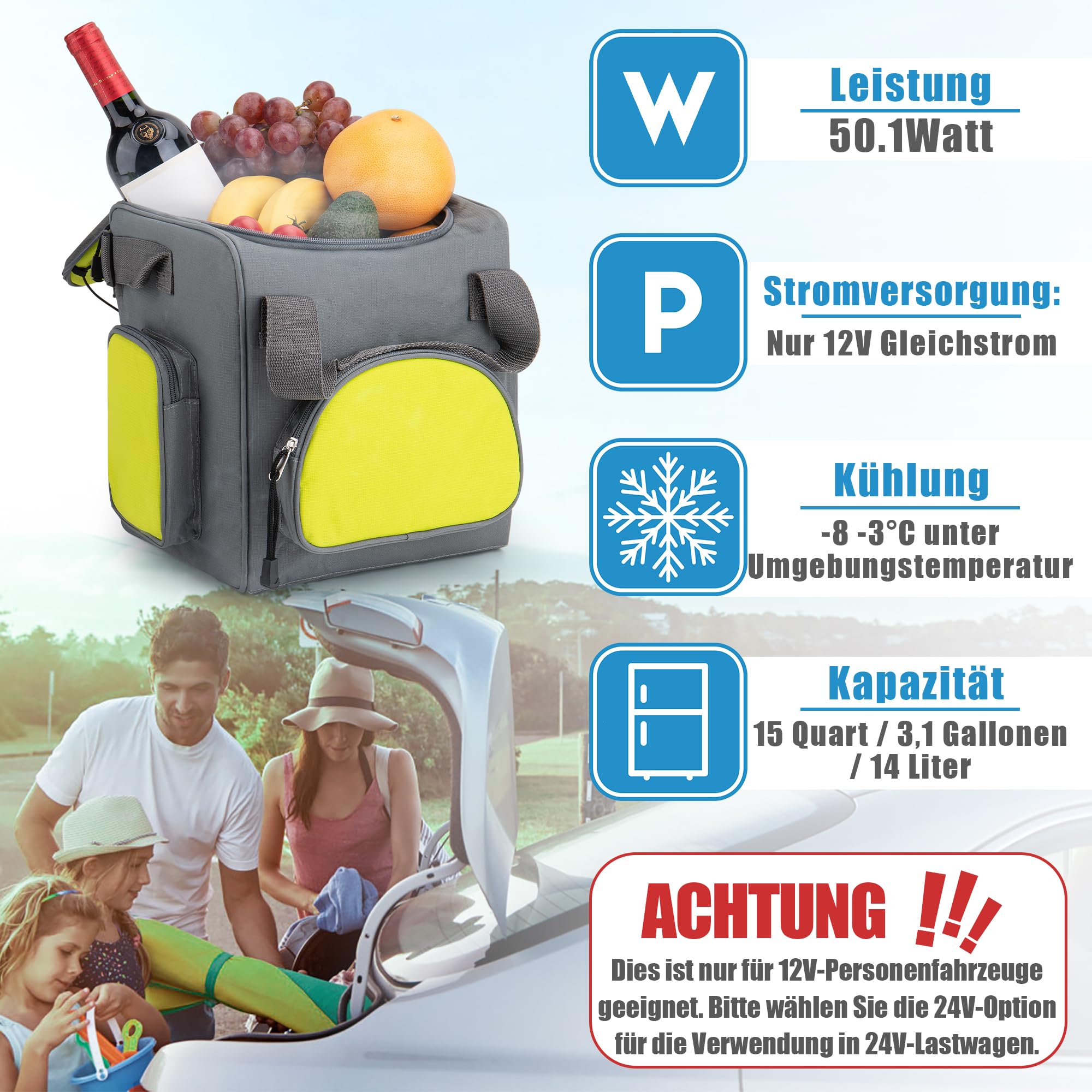 15-Quart Portable Car Cooler - 12V 50.1W Plug-In Electric Mini Fridge for Travel, Camping & Road Trips | 14L Soft-Sided Cooler for Drinks, Snacks & Meal Storage | Compact Car Refrigerator for Vehicles, RVs & Outdoor Adventures