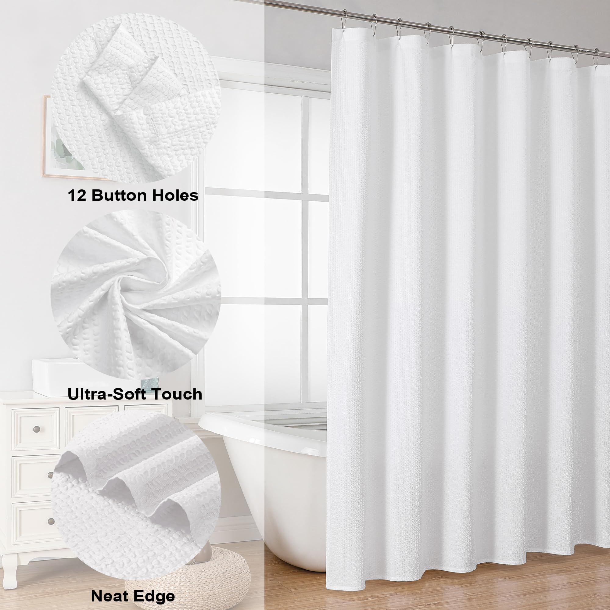 OVZME White Embossed Textured Fabric Shower Curtain - Water Repellent Luxury Hotel Spa Bathroom Decor (72x72 Inches) | Soft Machine Washable Cloth for Modern Bathrooms & Guest Suites