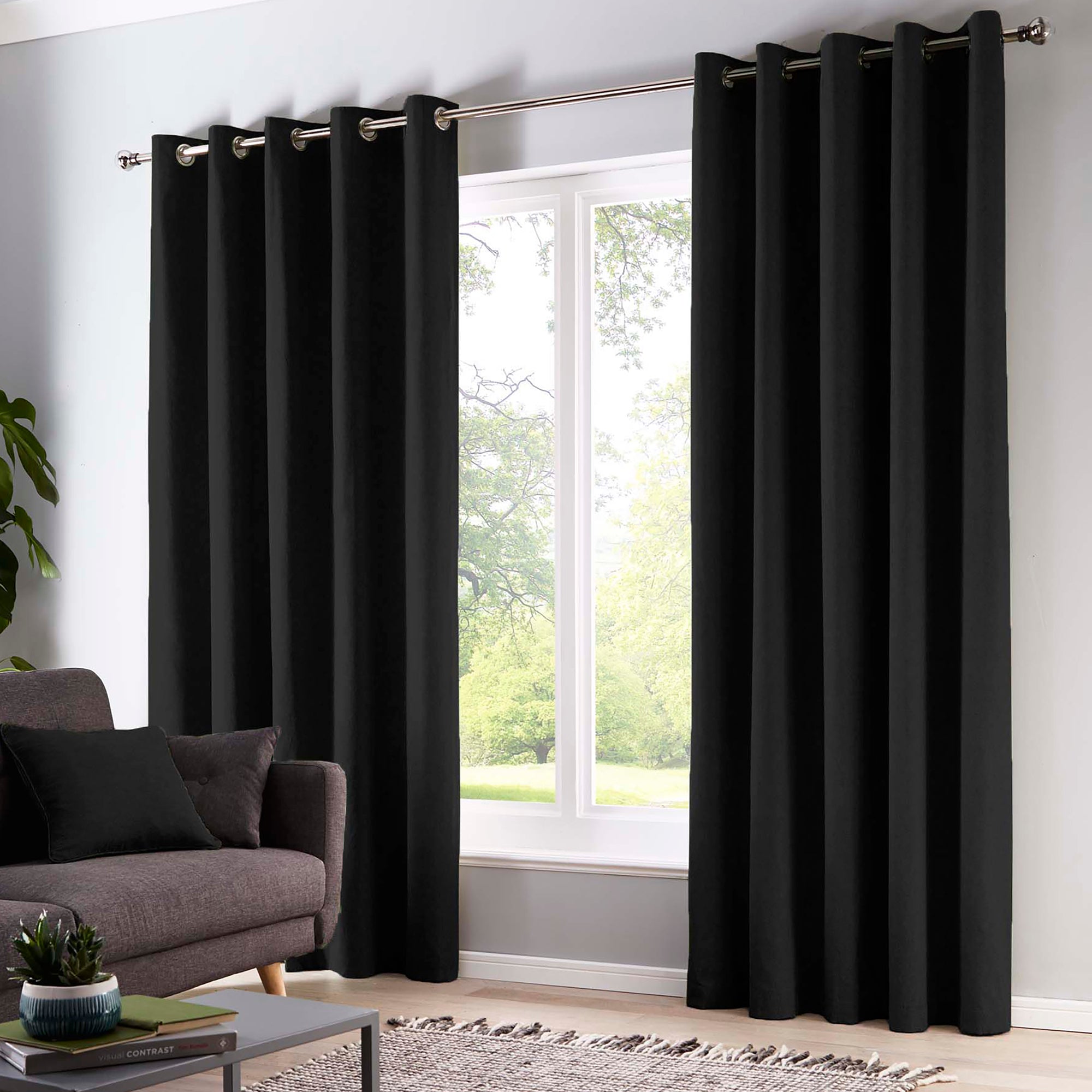 Fusion Sorbonne Blackout Eyelet Curtains - Black - Perfect for Bedroom & Living Room Window Treatments