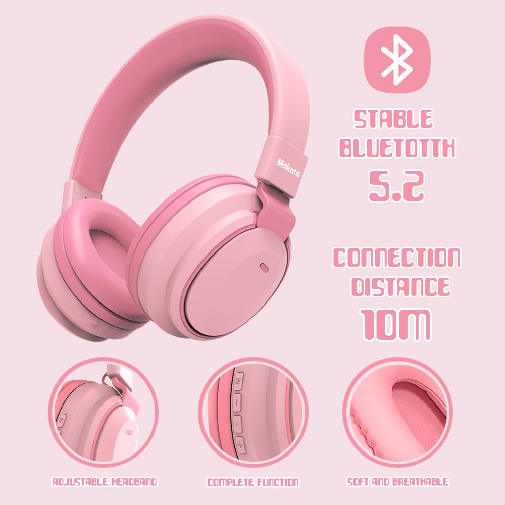 Bluetooth 5.3 Wireless Kids Headphones - 60H Playtime, Volume Limited 85/110dB, Over-Ear Foldable Design with Aux Cable & Mic - Perfect for School, Travel, iPad, Tablet, Notebook (Pink) - Ideal for Online Classes, Airplane Trips & Home Learning