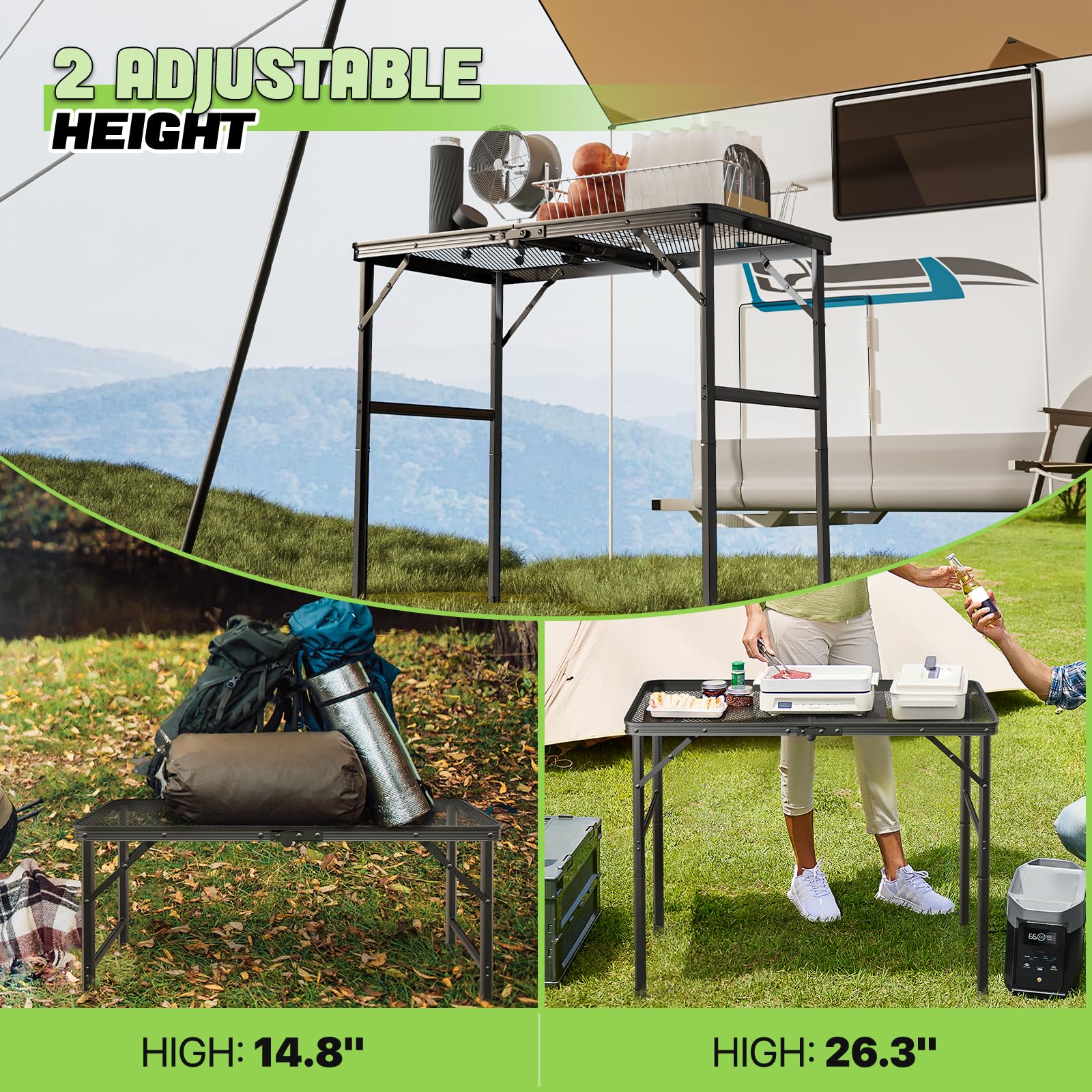 Magshion Adjustable Height Portable Folding Grill Table - Lightweight Aluminum Camping Table with Mesh Desktop for BBQ, Picnics & Outdoor Cooking | Perfect for Backyard, Beach and Tailgating Parties