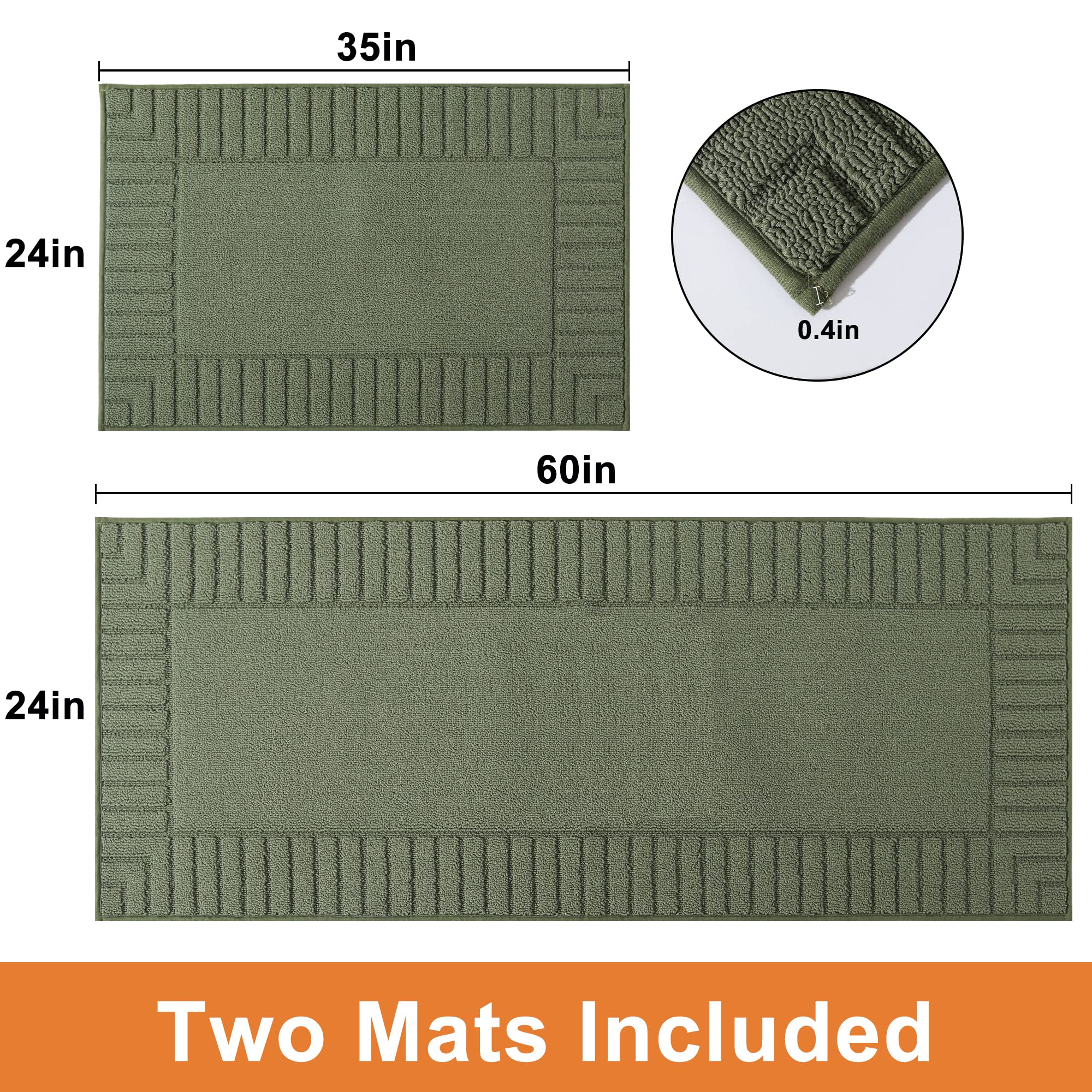 BEQHAUSE Non-Slip Kitchen Rugs Set of 2, Machine Washable Kitchen Mats with TPR Backing, Green, 24x35inch & 24x60inch, Perfect for Floors, Sinks, and Counter Areas