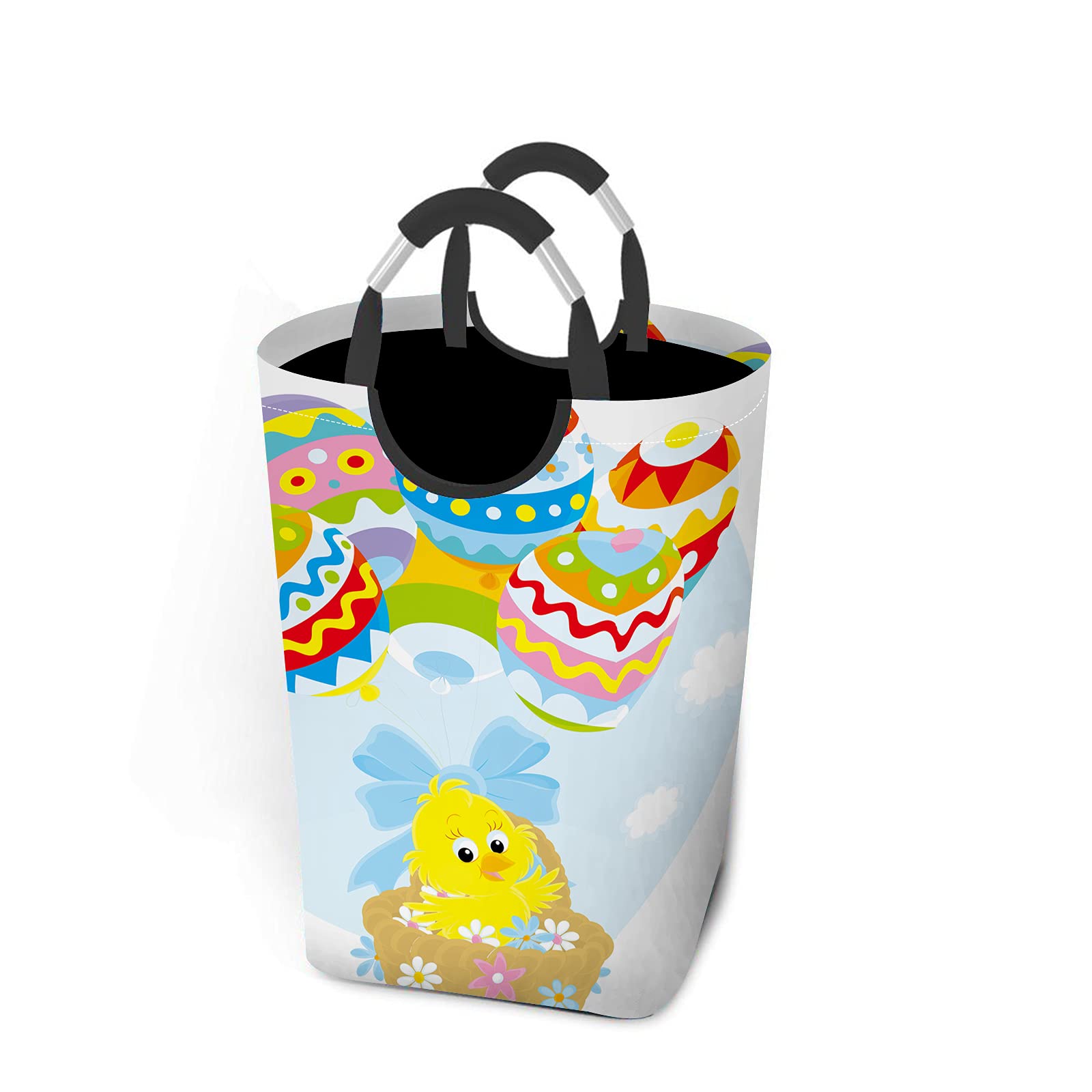 Easter Chick Floral Balloons Laundry Hamper - Foldable Washing Bin with Aluminum Handle, Cartoon Yellow Birds Design for Bathroom, Dorm & Closet Storage | Perfect for Easter Decor, Kids Room Organizer & Spring Home Decor