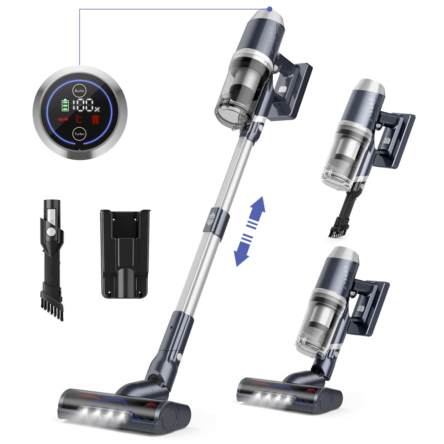 ORFELD 28Kpa Cordless Stick Vacuum Cleaner - 60min Runtime, LED Display, 6-in-1 Lightweight Deep Cleaning for Hardwood Floors, Carpets & Pet Hair - Perfect for Home, Office, and Car Cleaning