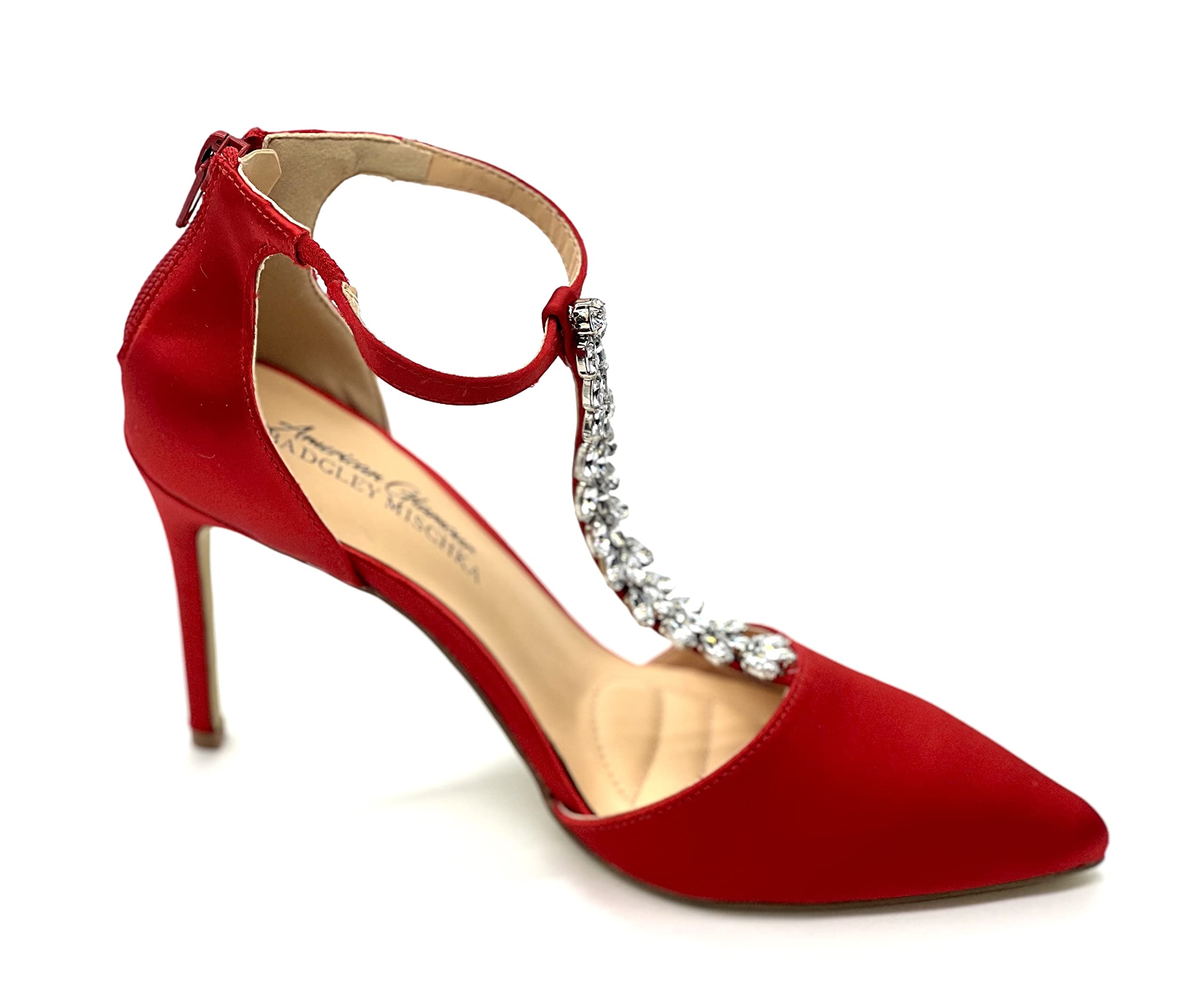 Red Women's Pumps - Jewel Embellished T-Strap Pointed Toe High Heels for Women | American Glamour Dress Shoes | Perfect for Office, Party & Special Occasions