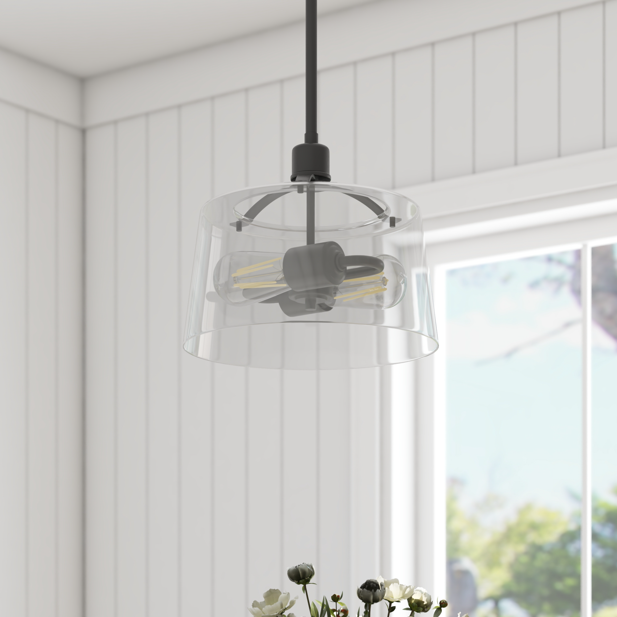 2-Light Fairendale Convertible Pendant/Semi-Flush Mount Ceiling Light Fixture - Matte Black with Clear Glass Shades - Perfect for Dining Room, Kitchen Island or Bedroom Lighting