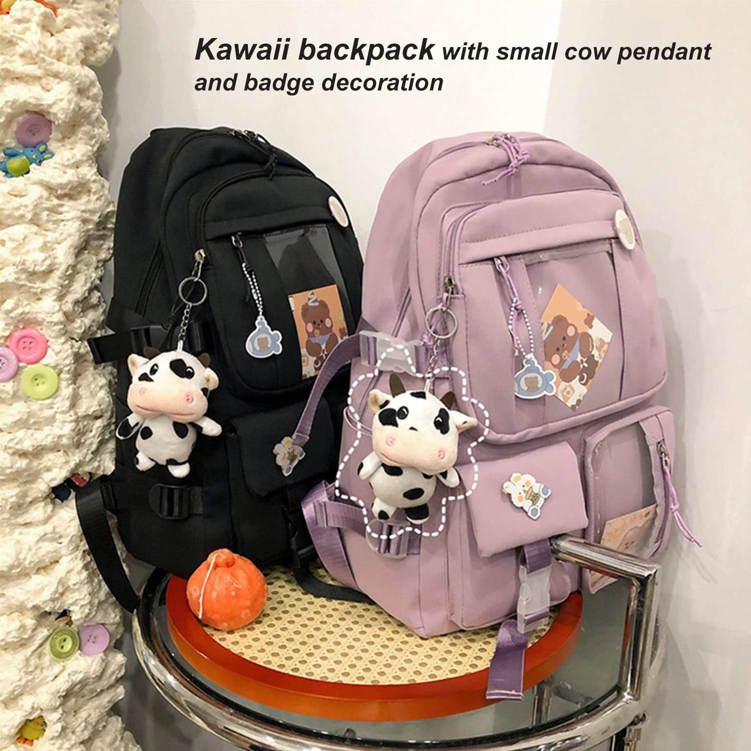 Cute Kawaii Backpack for School - Large Waterproof Aesthetic Backpack with Kawaii Pin & Accessories, Stylish School Bag for Teen Girls (Black) - Perfect for School, Travel & Everyday Use