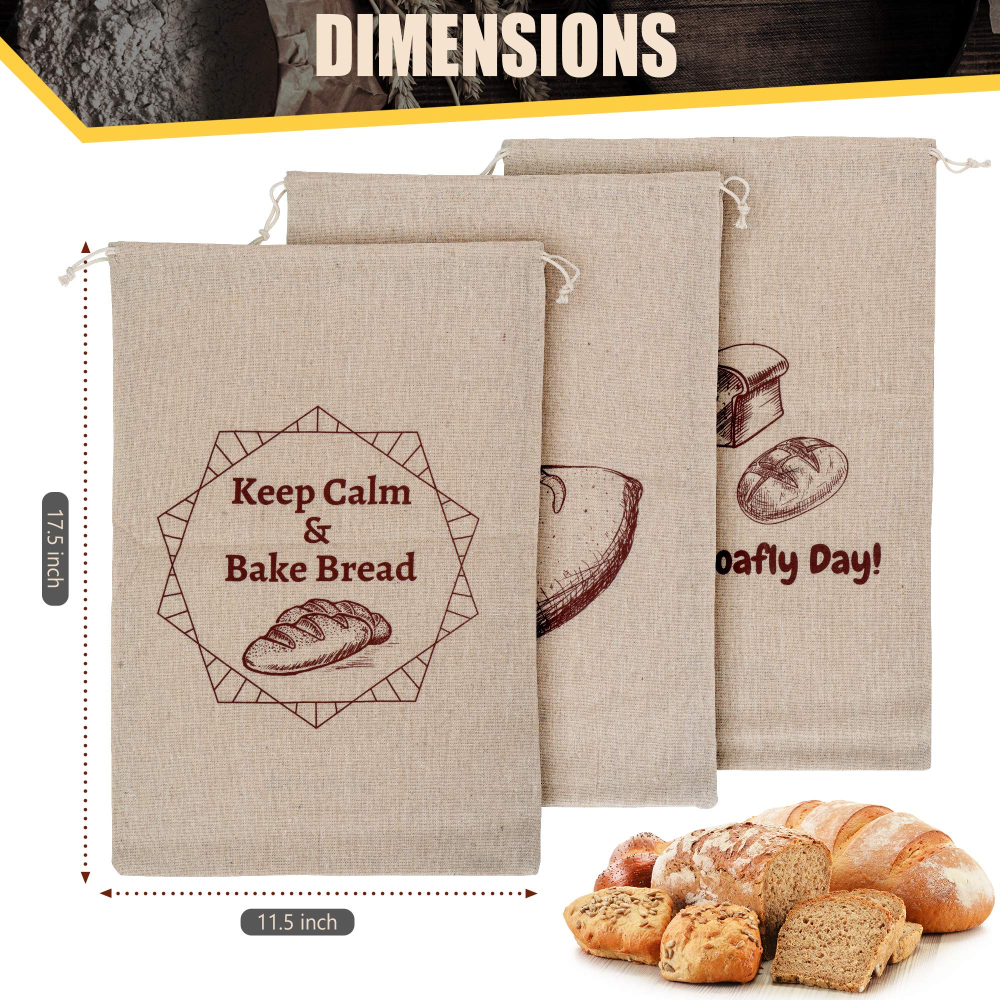 Organic Linen Bread Bags - 3 Pack Reusable Bread Storage Bags for Sourdough & Artisan Bread | Eco-Friendly Gift for Bakers, Bread Makers | Perfect for Home Baking, Wedding Favors & Housewarming Gifts | Keep Bread Fresh Naturally
