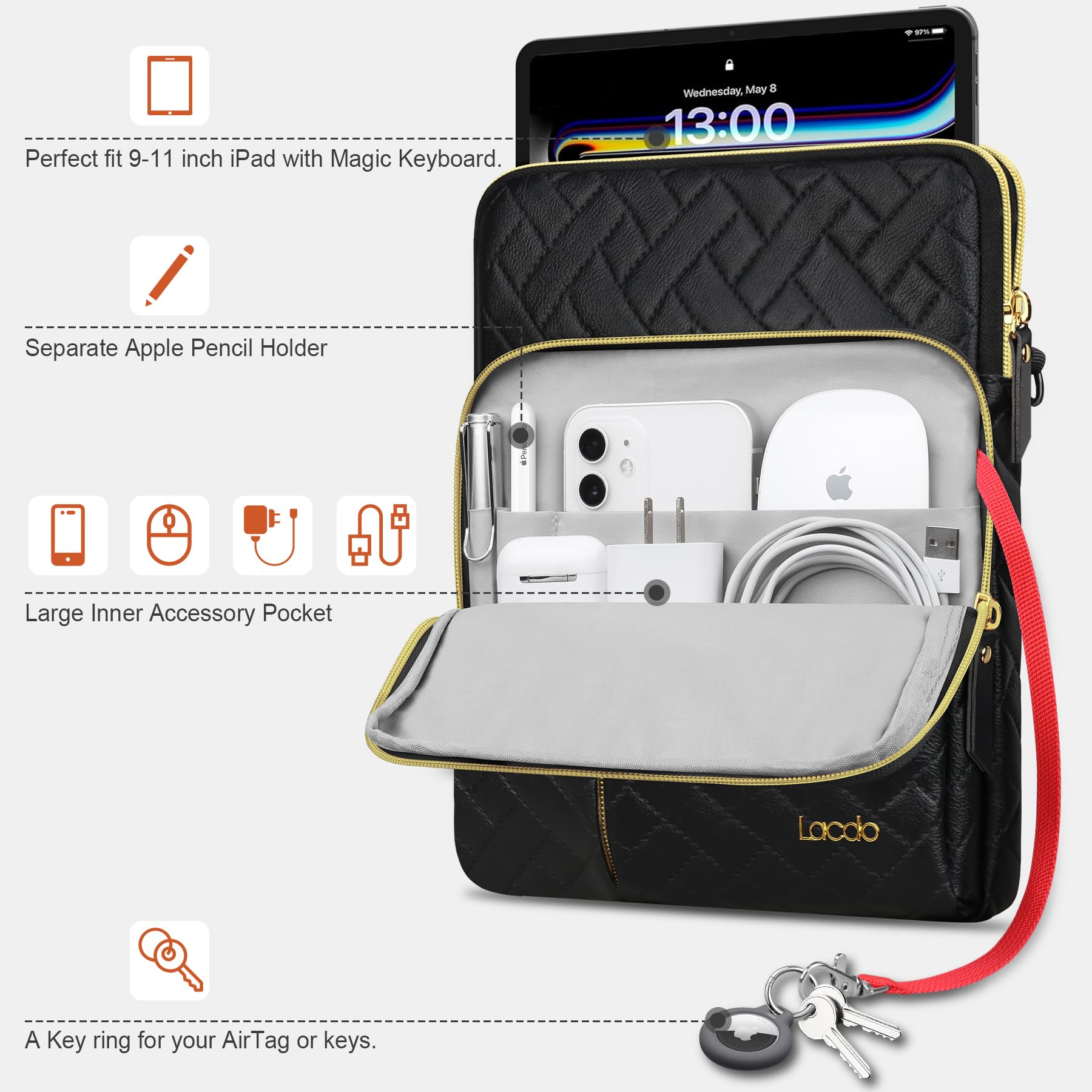 Lacdo 11 inch Tablet Sleeve Bag for iPad Pro M4/Air M3 M2/A16, 10.9 inch iPad, 10.2 inch iPad Air 5/4 & Samsung Galaxy Tab A9+ - Protective Shoulder Carrying Case (Black) - Perfect for Travel, Office & School Use