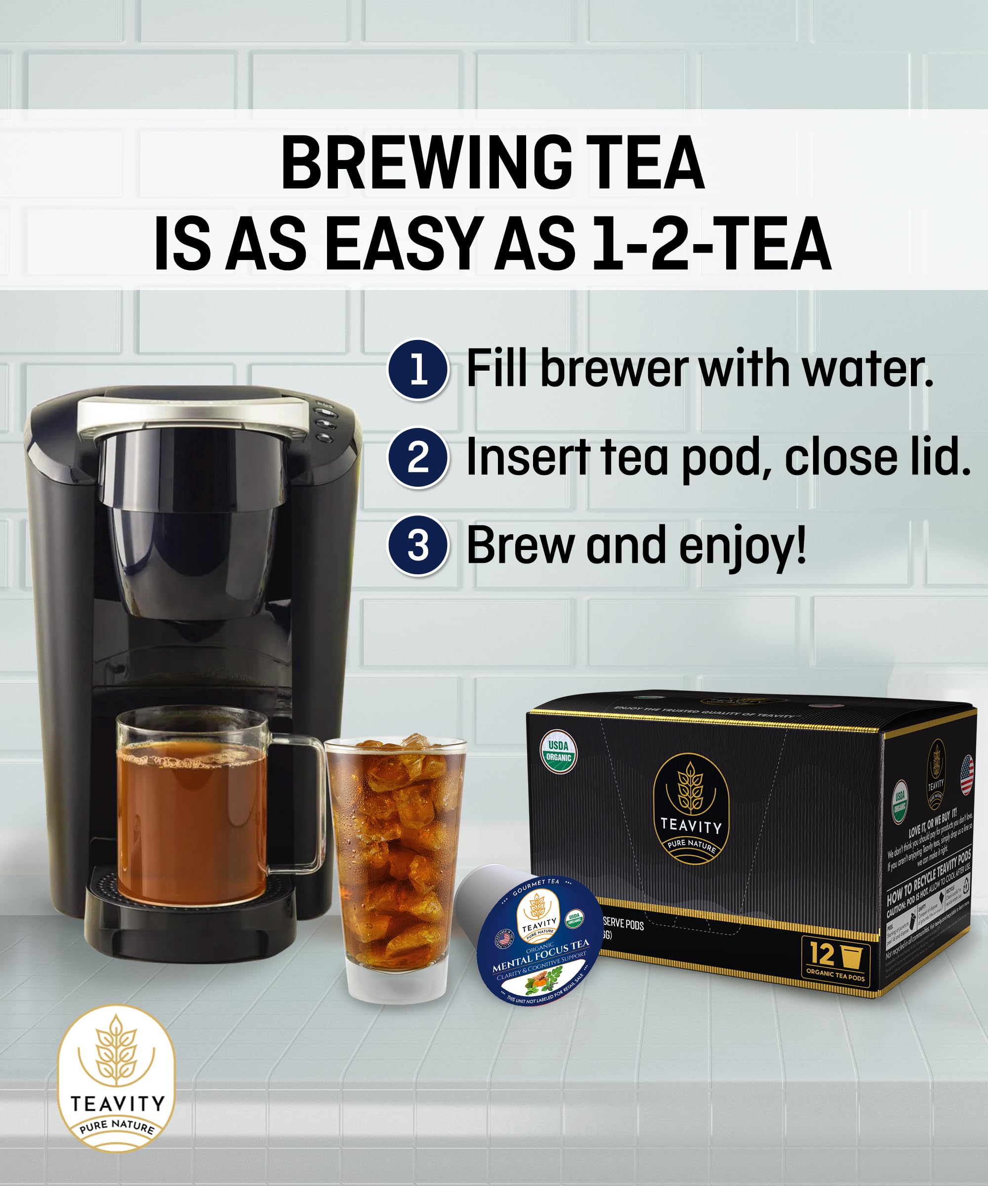 Organic Tea Pods with Moringa, Peppermint, Holy Basil & Turmeric - Naturally Decaf Herbal Tea for Mental Focus & Relaxation by Teavity (36 Count) - Perfect for Morning Boost, Afternoon Pick-Me-Up & Evening Wind Down