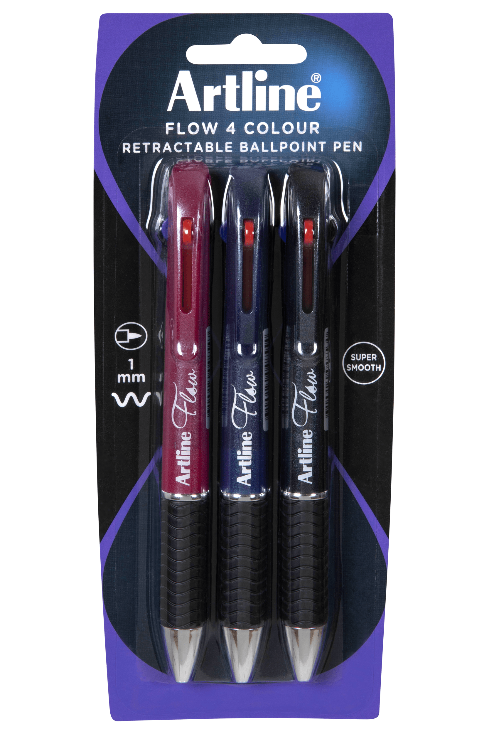 Artline Flow 4-Color Retractable Ballpoint Pens - Assorted Colors (Blue, Black, Red, Green) - 3-Pack for Office, School & Note Taking - Smooth Writing Gel Ink Pens for Journals, Planners & Everyday Use