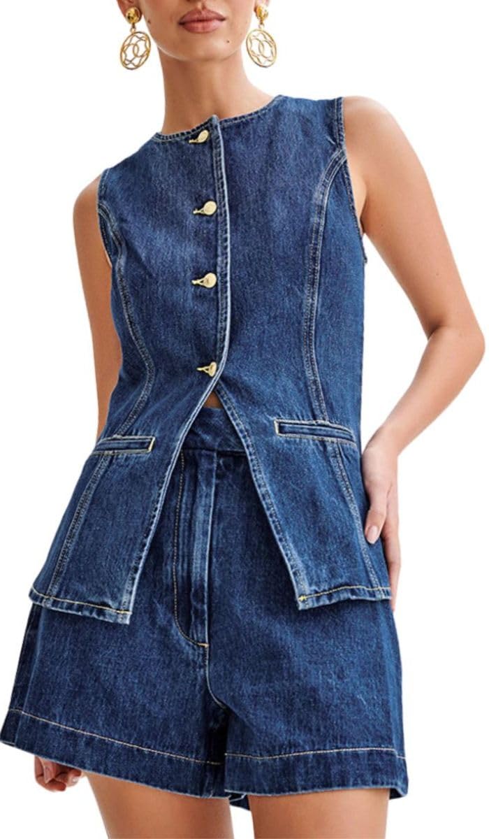 Women's Denim 2 Piece Set - Sleeveless Jean Blazer Vest & Shorts Outfit for Casual & Business Wear | Summer Street Style, Office Outfits, Weekend Brunch Looks