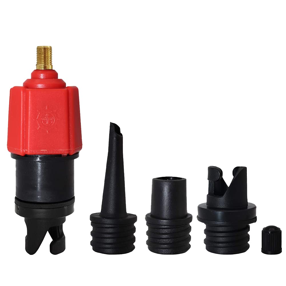 **Boat Air Pump Valve Adapter - Universal Inflatable Pump Valve Converter with 4 Nozzles for Kayak, SUP, Stand Up Paddle Board (Red) - Perfect for Water Sports & Outdoor Adventures**