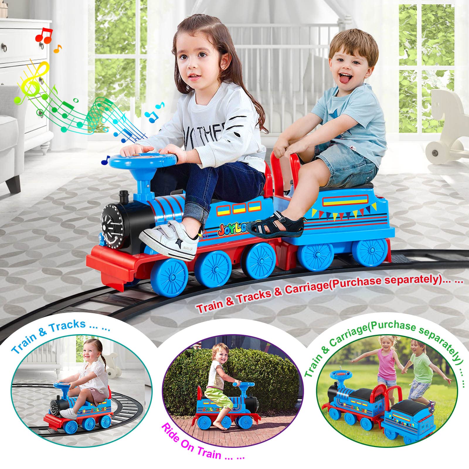 JOYLDIAS 6V Electric Ride On Train Toy for Kids - 16pcs Curved Tracks, LED Lights & Horn, Storage Basket, Retractable Foot Pedals - Best Gift for Toddlers Under 39 Inches (Blue) | Perfect for Indoor Playrooms & Backyard Fun