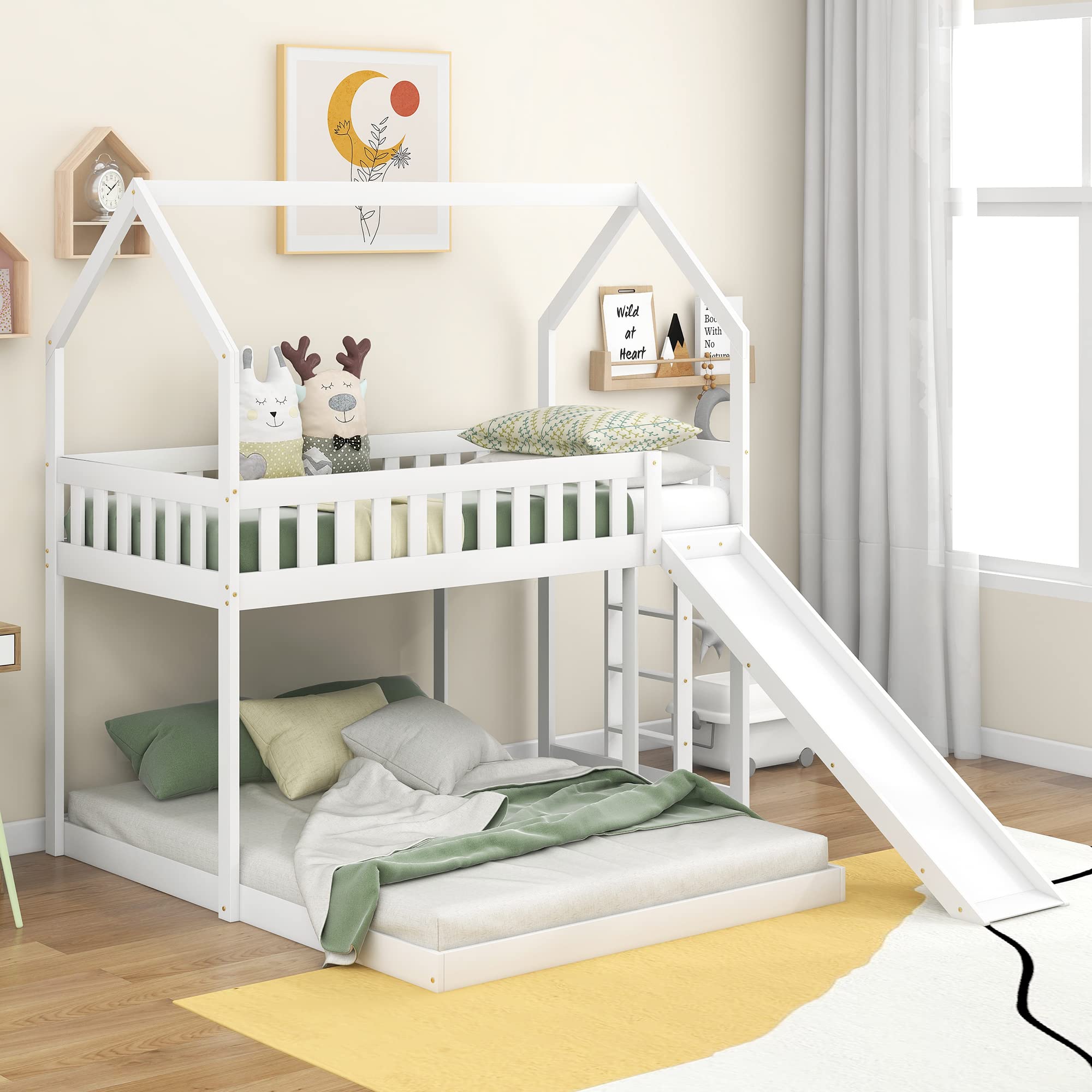 LZ LEISURE ZONE Twin Over Full Bunk Bed with Slide - Sturdy House Bunk Bed Frame with Built-in Ladder & Full-Length Guardrail - Perfect for Kids, Teens, Boys, Girls & Adults - White - Ideal for Small Bedrooms, Shared Kids Rooms & Space-Saving Sleep Solutions