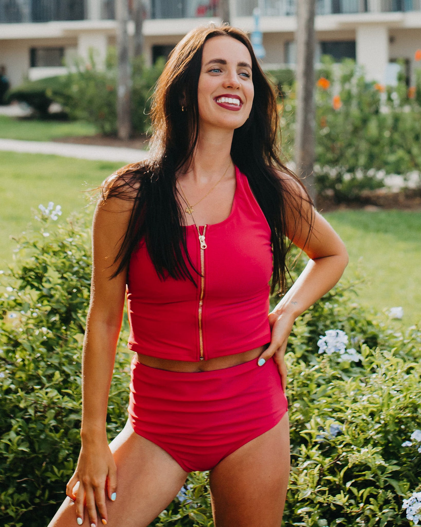 Pink Radberry Allie Zipper Tankini Swimsuit - Women's High Waist Bikini Top with Adjustable Straps & Side Ties - Perfect for Beach, Pool, and Summer Vacation
