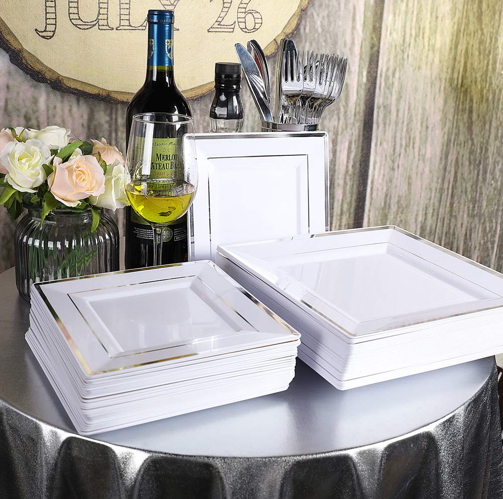 150-Piece Silver Plastic Dinnerware Set - 25 Square Plates, Dessert Plates, Forks, Knives, Spoons & Tumblers - Disposable Silverware for Parties, Weddings & Events