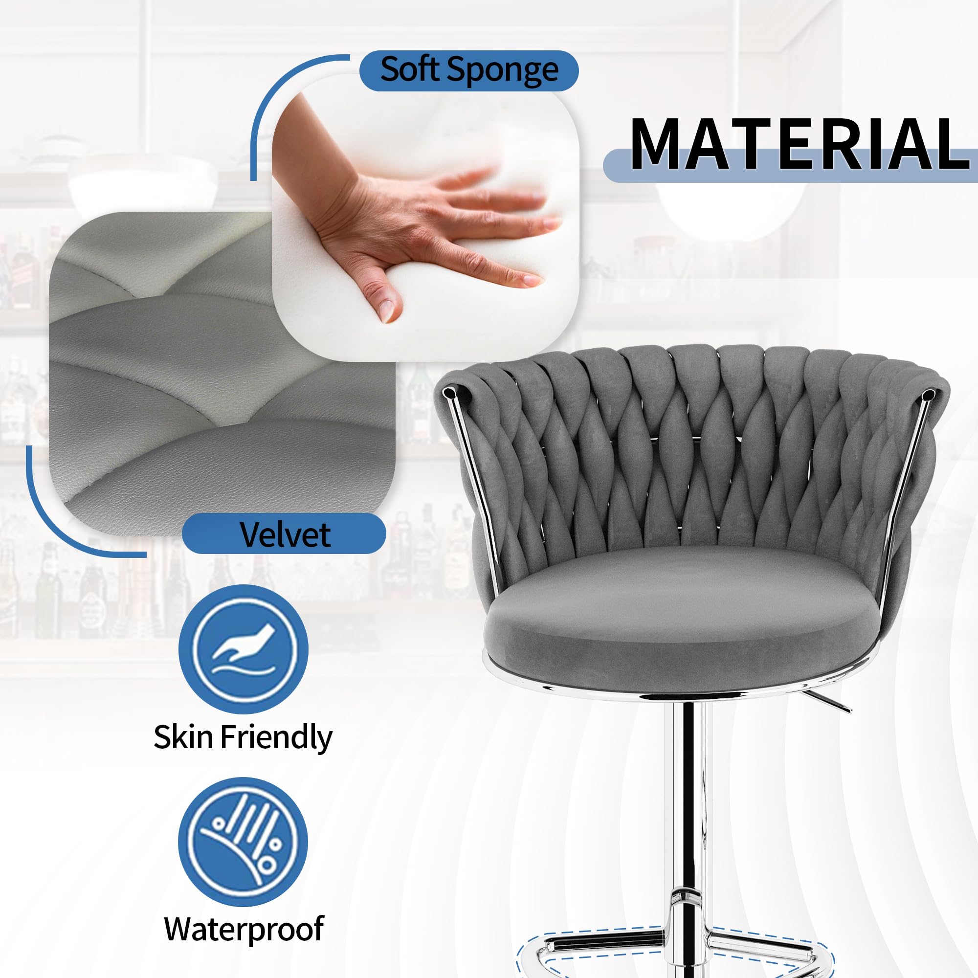 AWQM Velvet Bar Stool Set of 2 - Adjustable Height Swivel Kitchen Island Chairs with Back Support & Footrest, Soft Upholstered Counter Stools for Dining Room, Bar or Home Decor (Grey) - Perfect for Breakfast Nooks, Kitchen Islands and Entertaining Guests