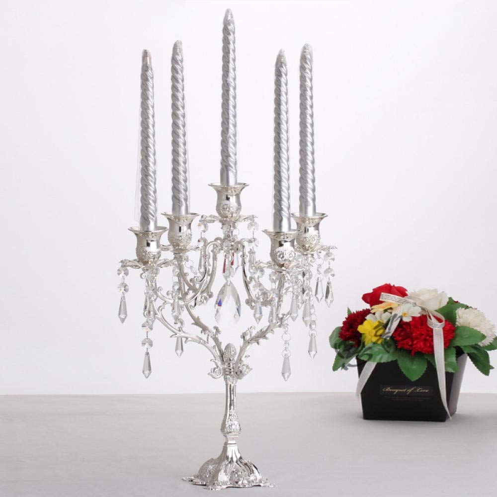 5-Arm Silver Floor Standing Candelabra - 14.97in/38cm Tall Iron Candle Holder for Weddings, Parties & Events - Elegant Centerpiece for Home Decor, Church Ceremonies & Romantic Dinners