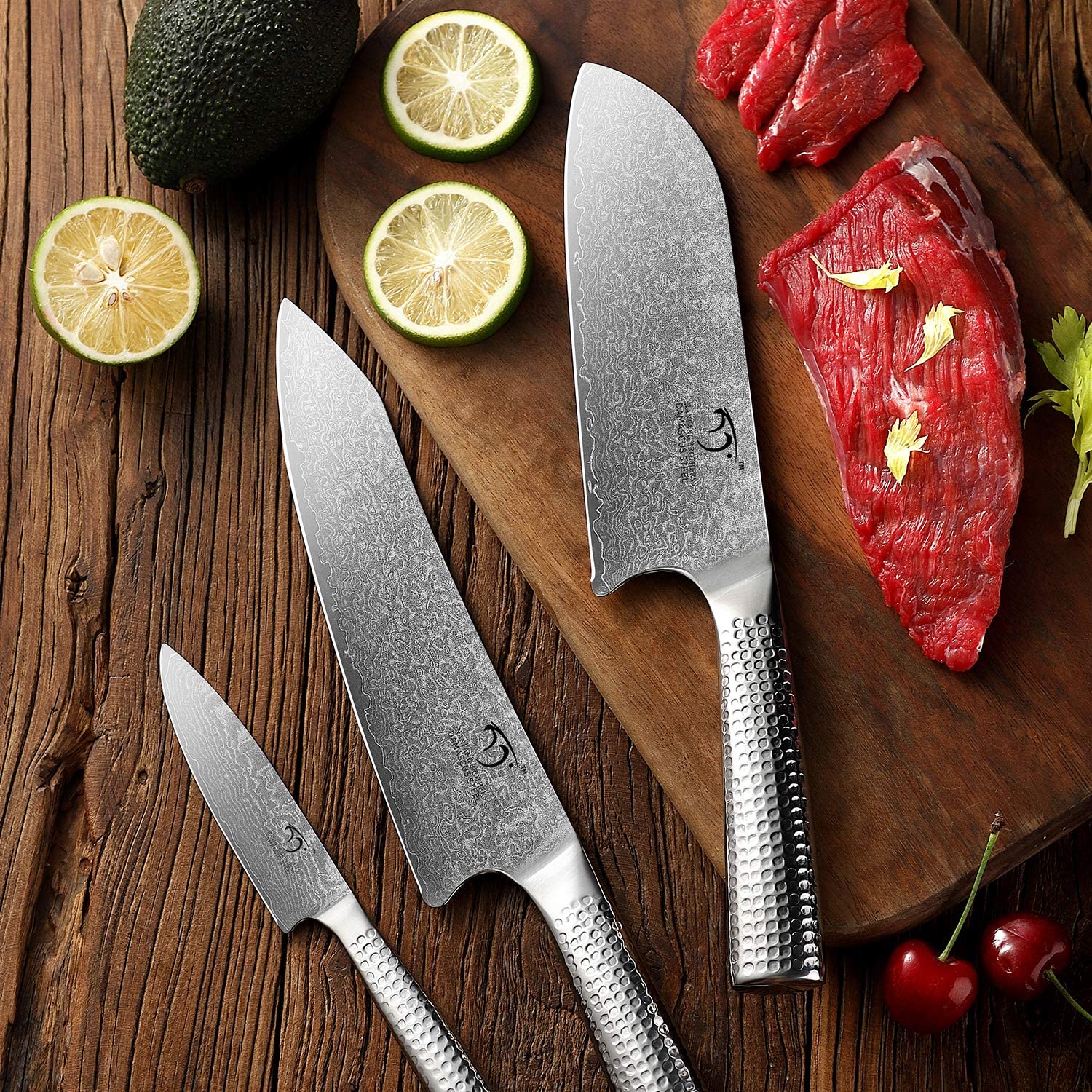 Premium 12-Piece Damascus Steel Kitchen Knife Set with Natural Wood Block - Razor Sharp Chef Knives, Paring Knife, Bread Knife - Non-Slip ABS Ergonomic Handle, Sharpener & Shears Included - Perfect for Home Cooking, Professional Chefs & Gift Giving