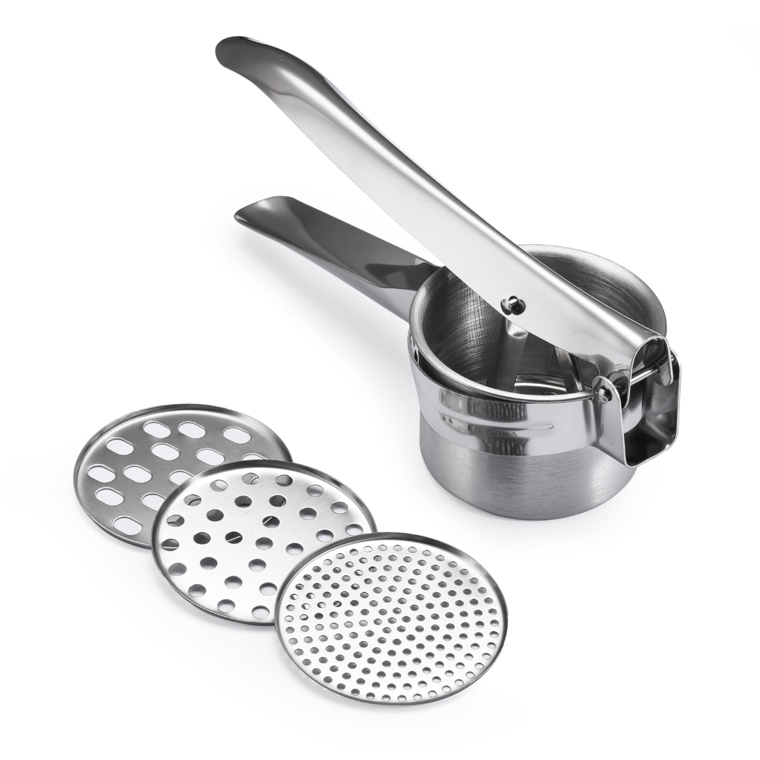 2LB Heavy Duty Potato Ricer with 3 Interchangeable Discs - Professional Potato Masher & Spaetzle Press - Perfect for Making Puree, Baby Food, Murukku & Mashed Potatoes - Durable Kitchen Gadget for Home Cooking & Meal Prep - Silver