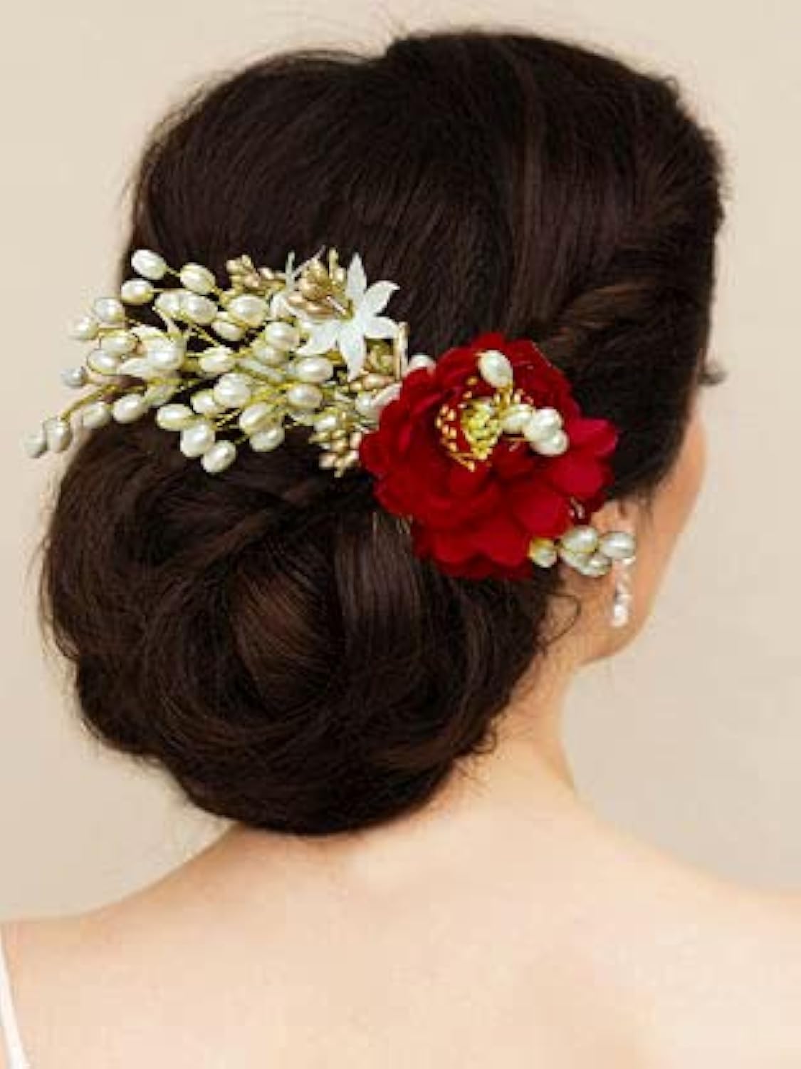 Artificial Peony Flower Hair Comb with Pearls - Elegant Hair Bun & Side Pin Accessories for Women & Girls (Red) | Perfect for Weddings, Prom & Special Occasions