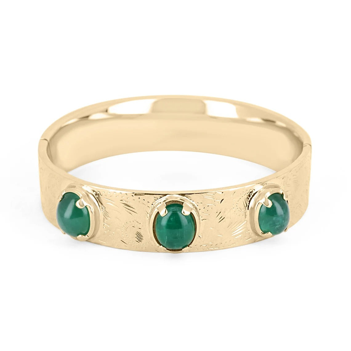 14K Gold Bangle Bracelet with 14.82tcw Natural Cabochon Emerald Three Stone - Elegant Jewelry for Women, Perfect for Weddings, Anniversaries & Special Occasions