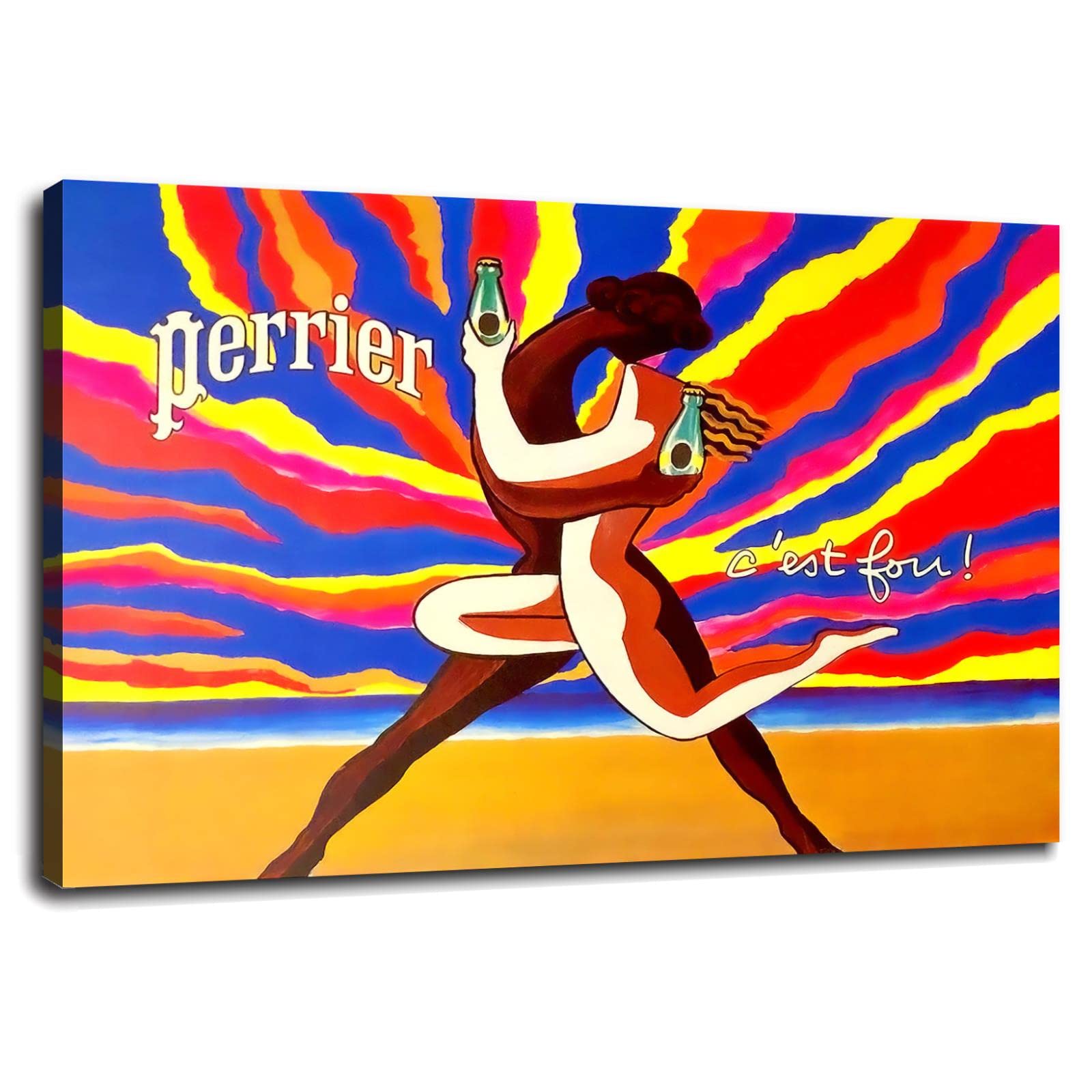 Perrier Rainbow C'est Fou Vintage French Poster Print - Retro Wall Art Decor for Home & Office - 36x24 Inch Framed Canvas - Perfect for Living Room, Bar, Cafe & Gift Giving