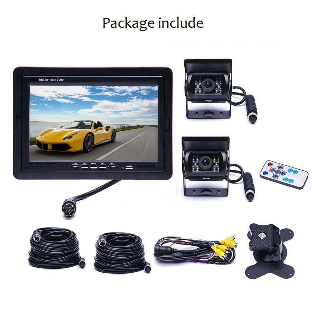 7 Inch Truck Backup Camera with 4 Split Screen - Front & Rear View Camera, 18 IR Night Vision, Waterproof, 12V/24V Compatible for Trucks, RV, Trailer, Bus - Perfect for Safe Parking & Night Driving
