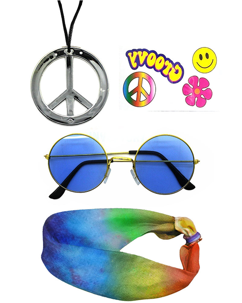 60s Hippie Headband, Glasses, Tattoos & Necklace Set - Vintage 1960s Costume Accessories for Halloween, Theme Parties and Music Festivals