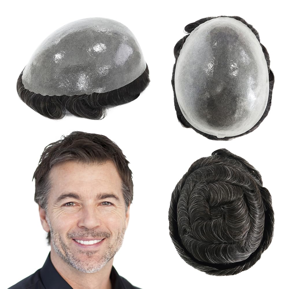 Best Men's Toupee Human Hair Pieces & Hair Systems - #1B20 Knotted Poly Skin for Natural Look | Perfect for Daily Wear, Parties & Special Events