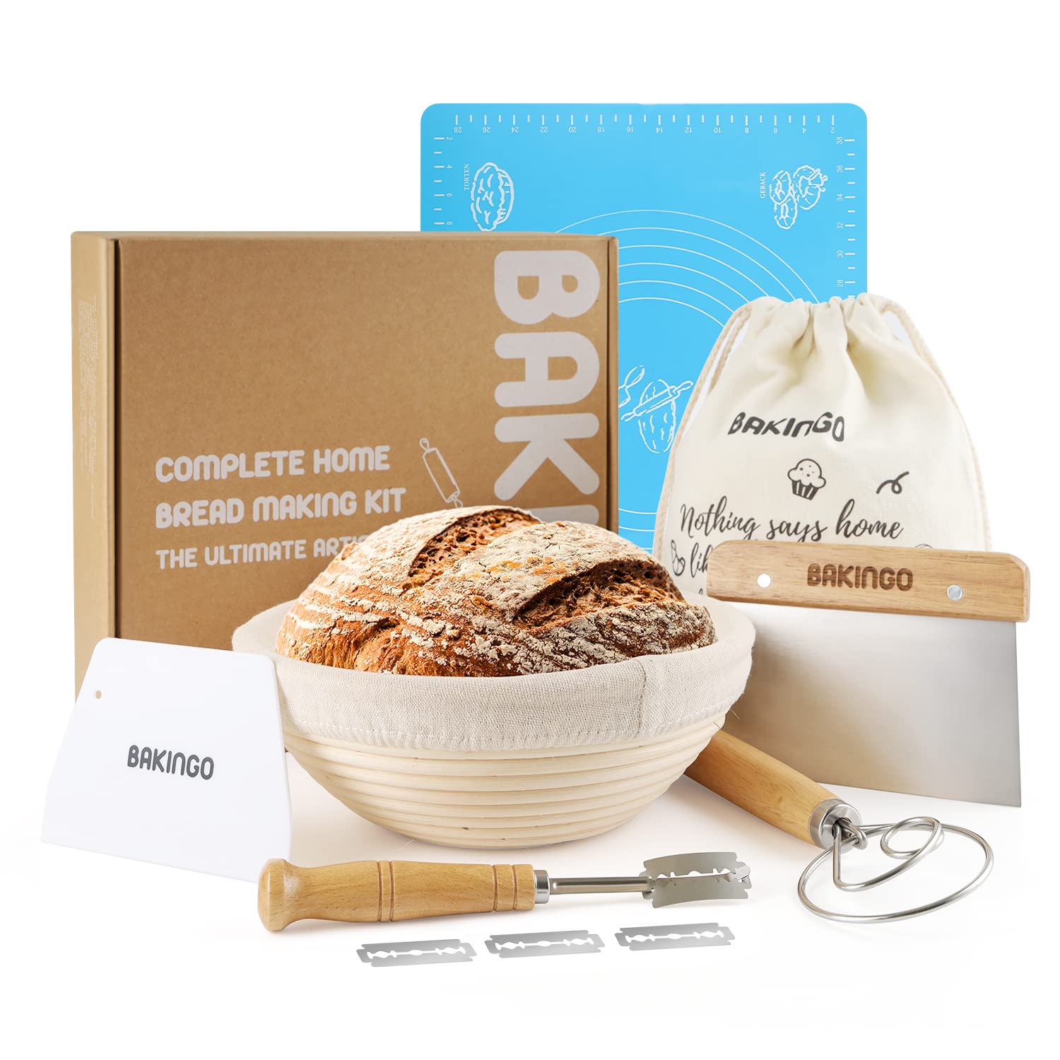 Bakingo Sourdough Bread Making Kit - 10 Inch Natural Rattan Banneton, Bread Lame, Dough Scraper, Proofing Basket, Measuring Mat & Danish Whisk | Perfect for Artisan Bread Baking, Homemade Sourdough Starter & Professional Proofing