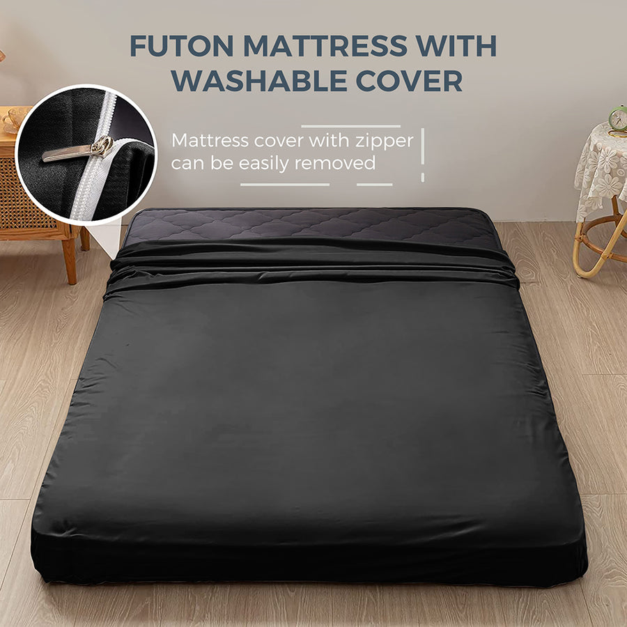 MAXYOYO Extra Thick Foldable Japanese Floor Mattress - Black | Comfortable Futon for Guest Bed, Camping & Small Space Living