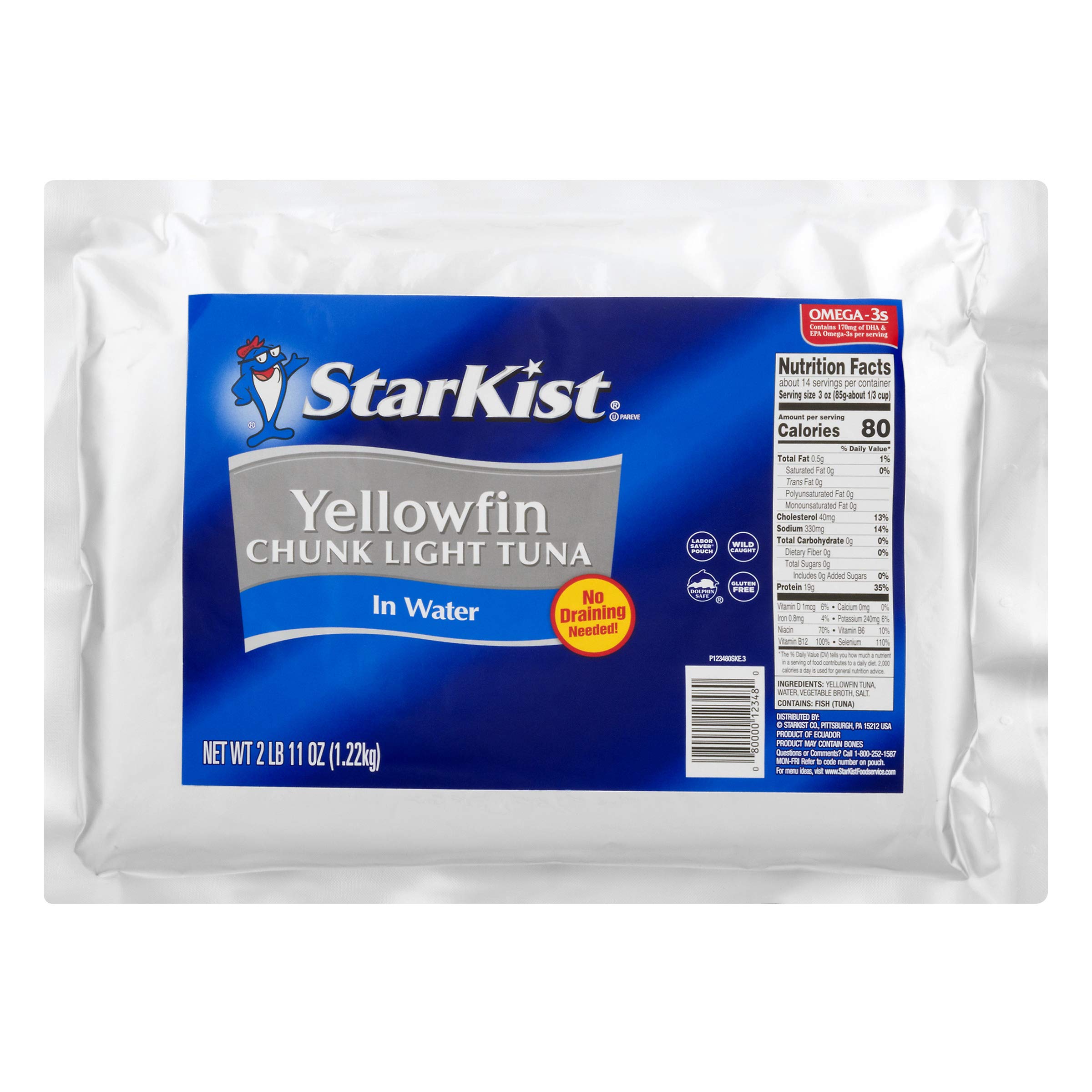 StarKist Chunk Light Yellowfin Tuna in Water - 43 oz Pouch (Pack of 6) | Wild Caught, High Protein, No Salt Added | Perfect for Salads, Sandwiches, and Quick Meals