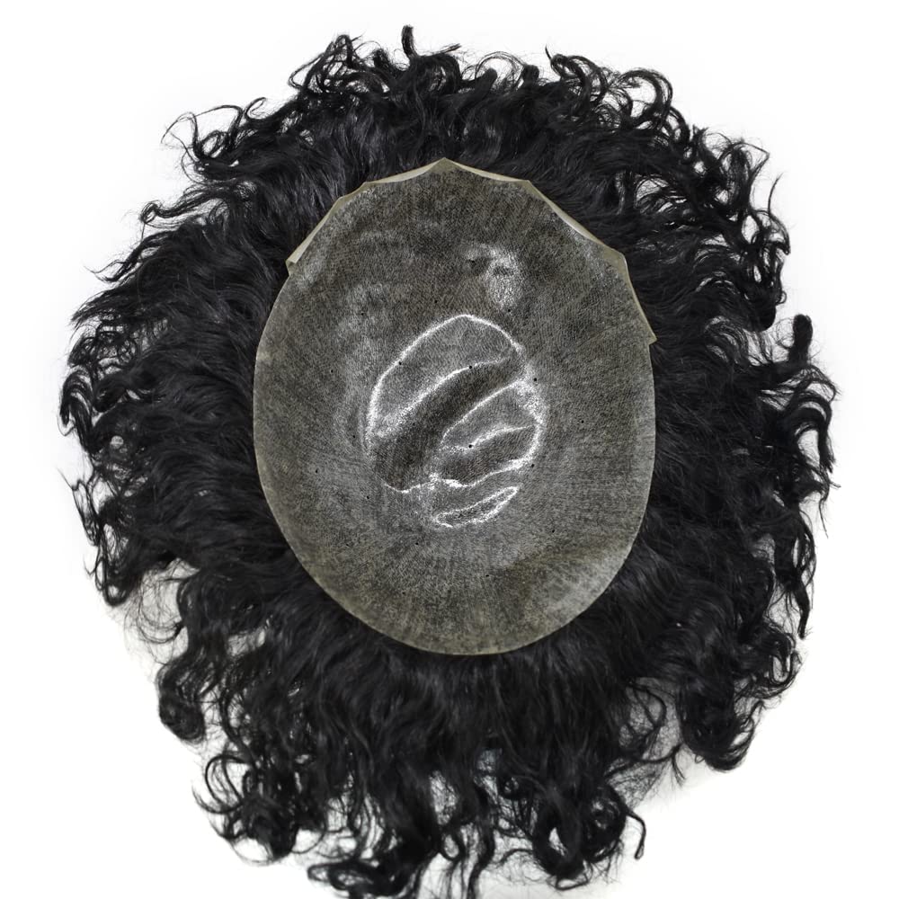 Men's 20mm Curly Human Hair Toupee - Wavy Kinky Hair Replacement System for Men - Full PU Base - SINGA HAIR (8