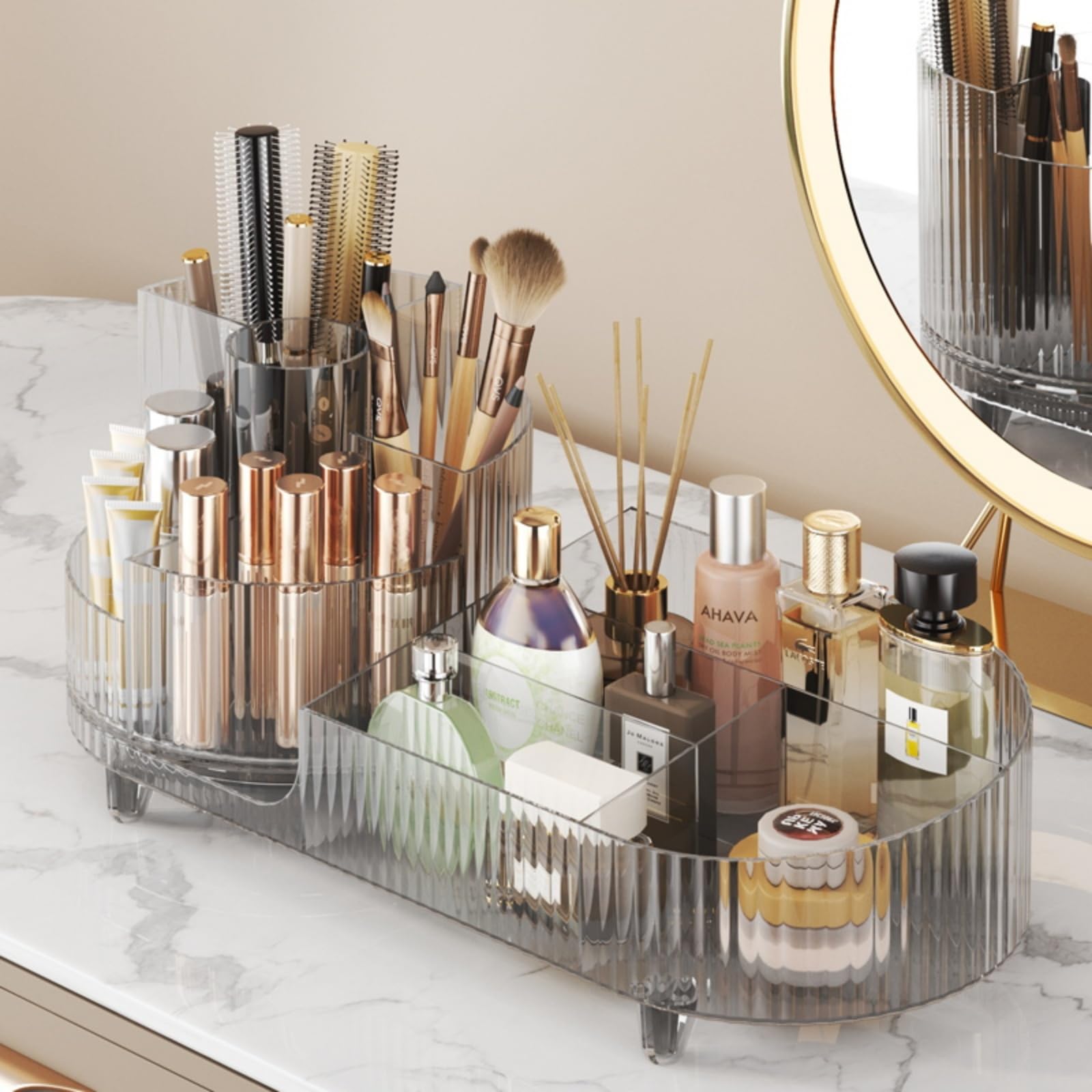 360° Rotating Makeup Organizer with Large Capacity - Clear Acrylic Cosmetic Display Case Holds 20+ Brushes, 10 Lipsticks & 8 Skincare Products | Perfect for Vanity, Bathroom & Travel Organization