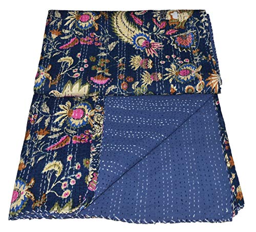 Handmade Indian Single Mukat Print Kantha Quilt - Traditional Cotton Throw Blanket & Bedspread for Home Decor, Sofa, Bed, and Gift Giving