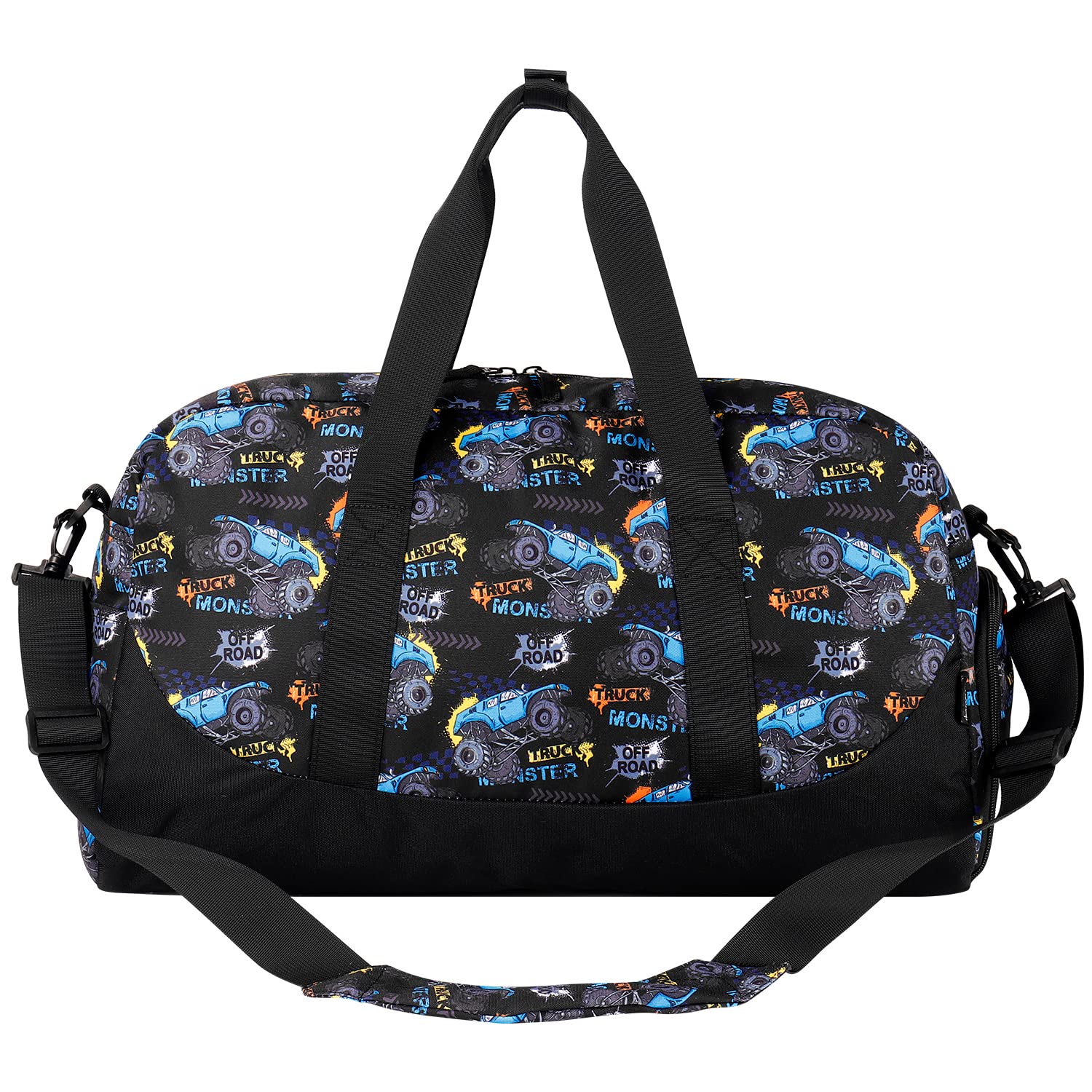 Choco Mocha Monster Truck Duffle Bag for Boys - Kids Travel Overnight Bag for Toddler Sleepovers & Weekend Trips - Black Backpack for School, Sports & Adventure