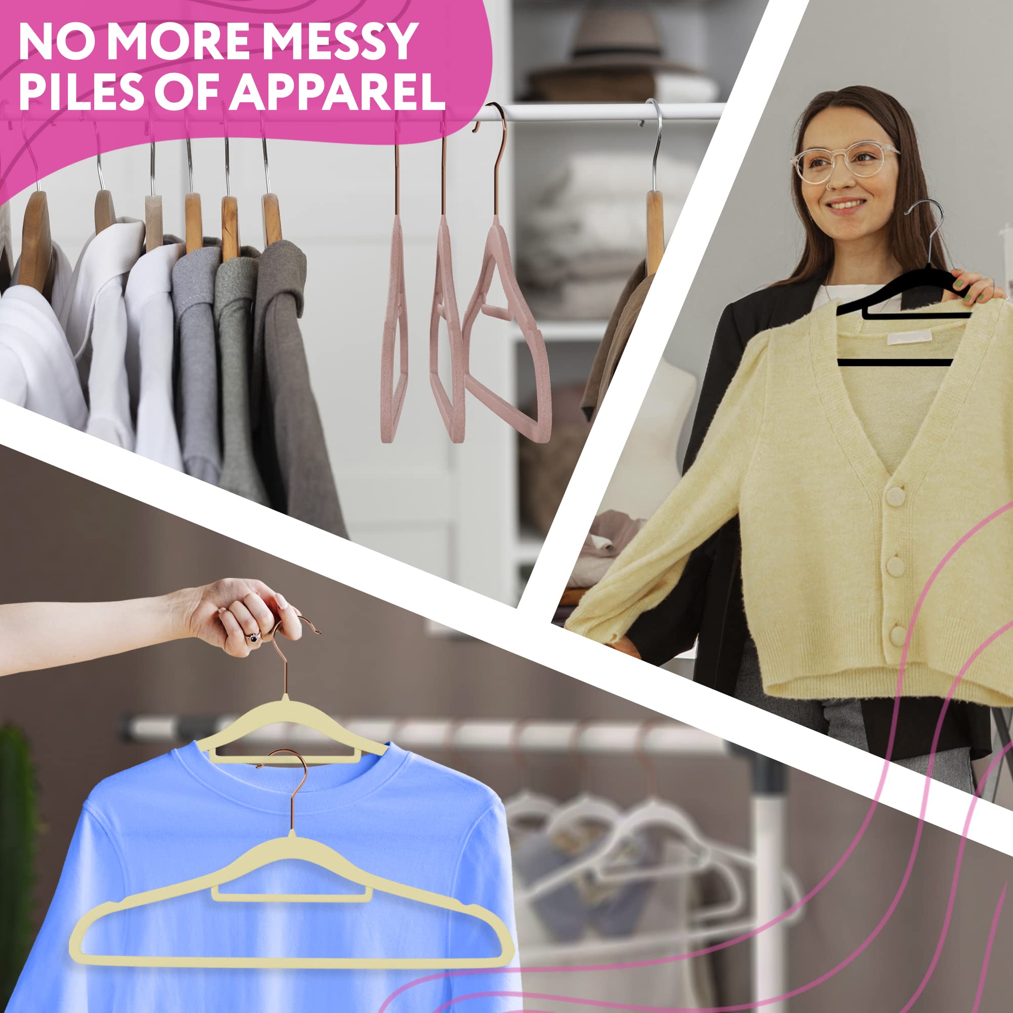 150 Pack Rose Thin Velvet Hangers - Non Slip Clothes Hangers with 360° Rotating Chrome Hook & Notched Shoulders | Sturdy Velvet Coat Hangers for Closet Organization | Perfect for Wardrobe, Retail Stores & Travel Packing