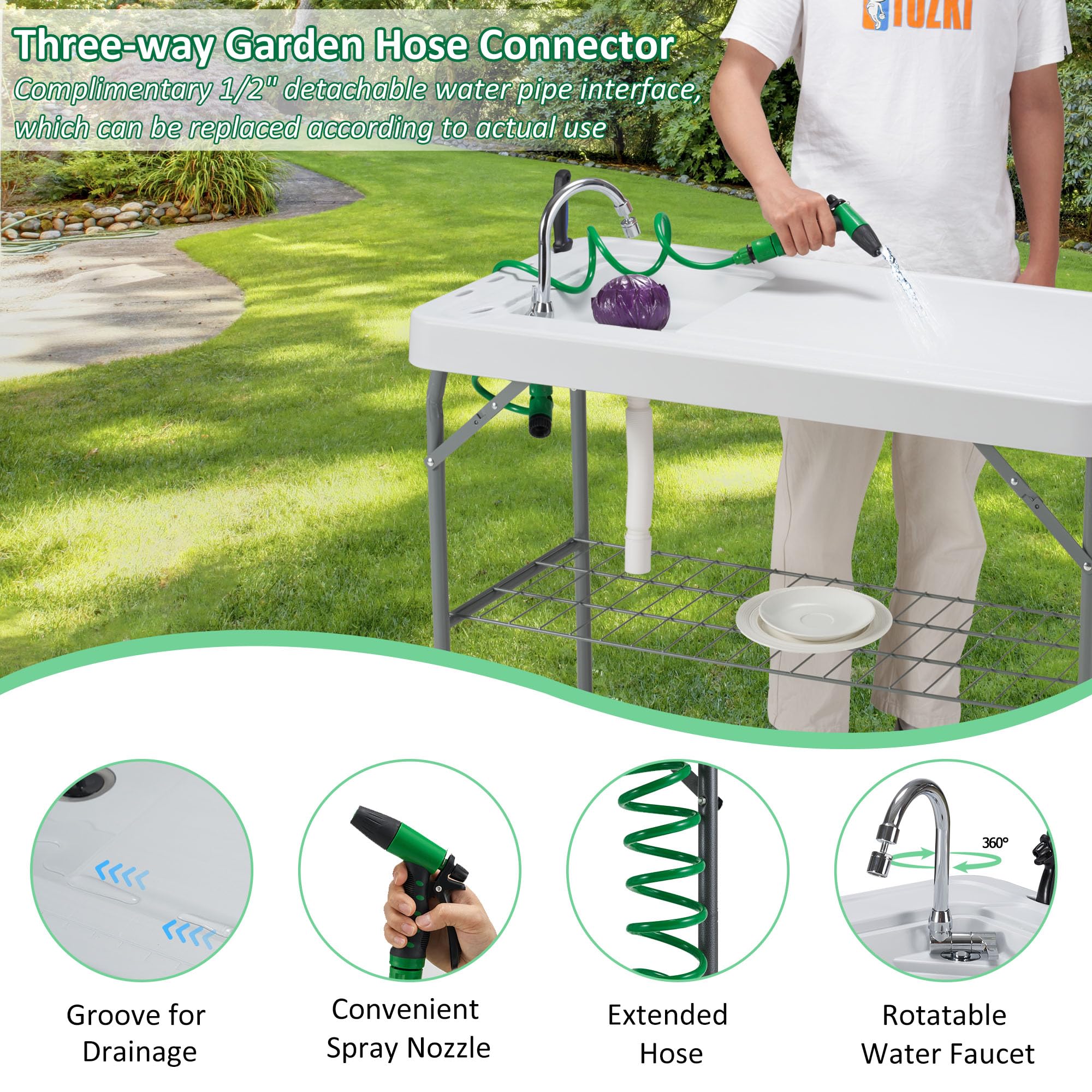 Dragosum Portable Outdoor Sink & Fish Cleaning Table with Faucet, Hose Hook & Grid Rack - Includes 7pc Fish Cleaning Kit - Perfect for Camping, Picnics, Beach, Patio & Backyard Use (Grey)