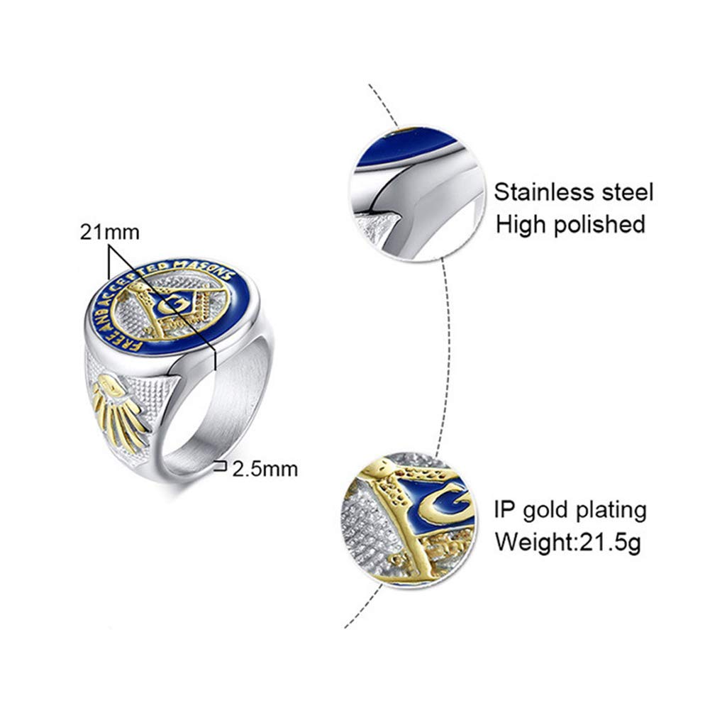 Men's Freemason Symbol Masonic Ring - Stainless Steel Signet Ring in Silver, Gold & Blue - Free and Accepted Masons Jewelry for Brotherhood & Formal Occasions