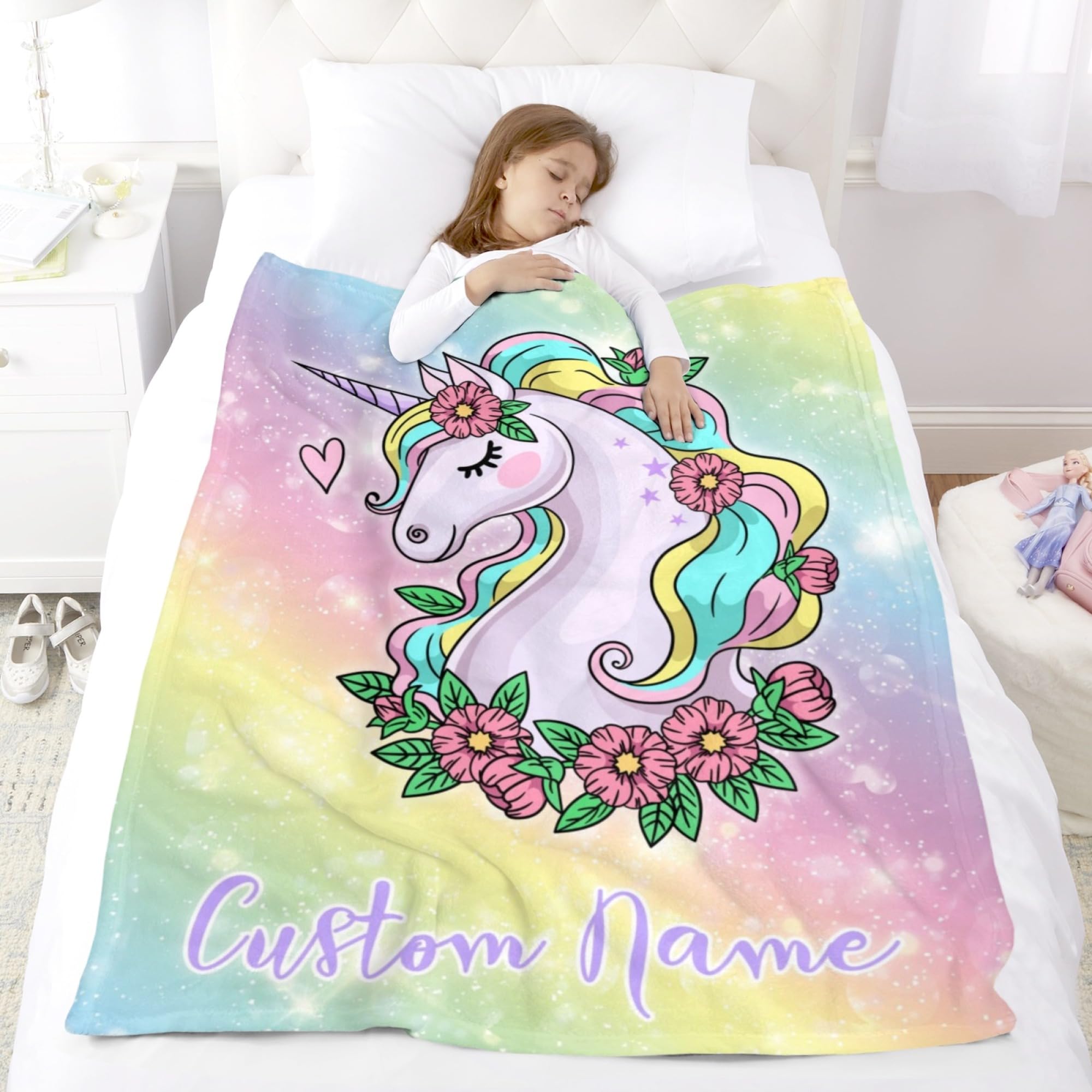 YESCUSTOM Personalized Unicorn Fleece Throw Blanket - Custom Name Blanket for Girls & Boys, Soft Minky Bed Blanket for Baby & Kids - Perfect for Nursery, Bedroom Decor & Cozy Gift