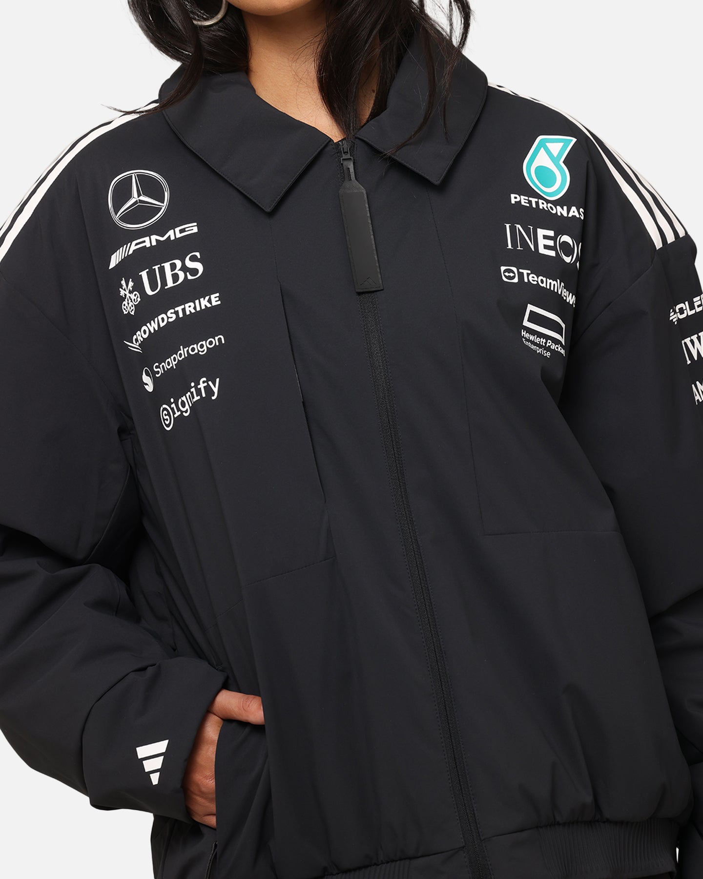 Adidas x Mercedes AMG PETRONAS F1 2025 Team Jacket - Black & White Racing Windbreaker for Men & Women - Perfect for Formula One Fans, Motorsport Events & Casual Streetwear
