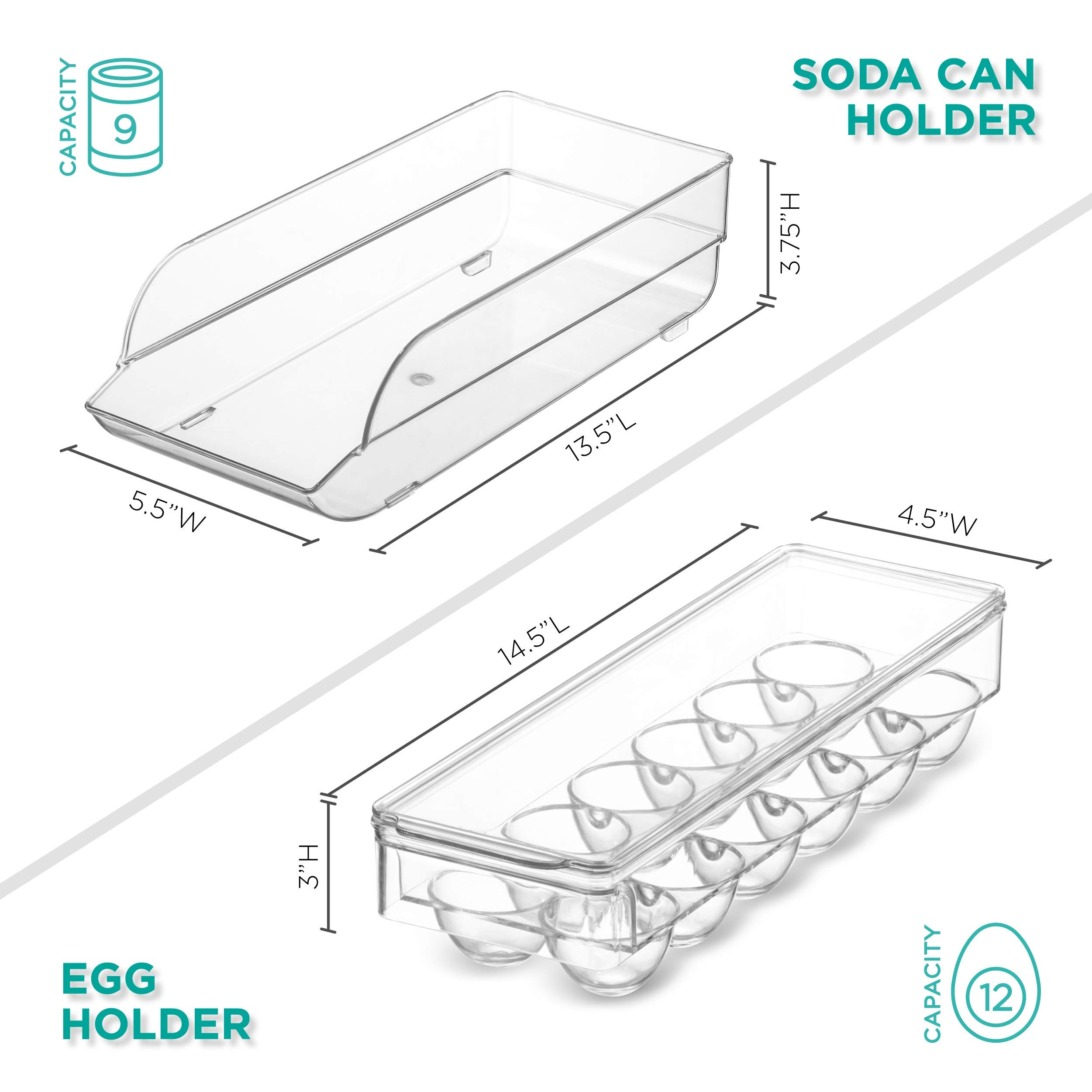 Heavy Duty Refrigerator Organizer Bins Set of 6 - Clear Plastic Freezer & Fridge Storage Containers with Can Rack & Egg Holder - Kitchen Cabinet & Countertop Organization for Fruits, Vegetables, Beverages & Meal Prep